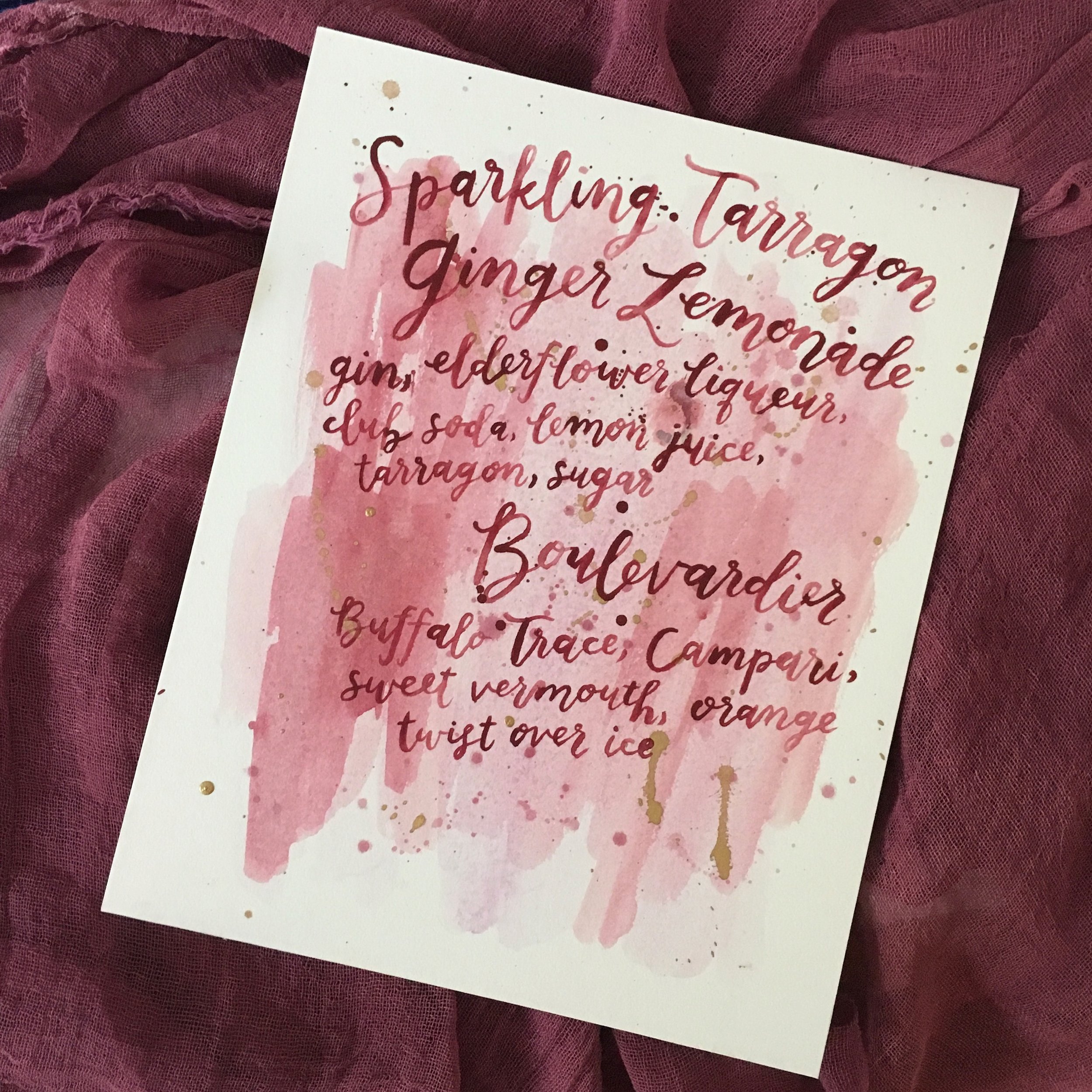 watercolor wash brush calligraphy cocktail menu by hello, bird.