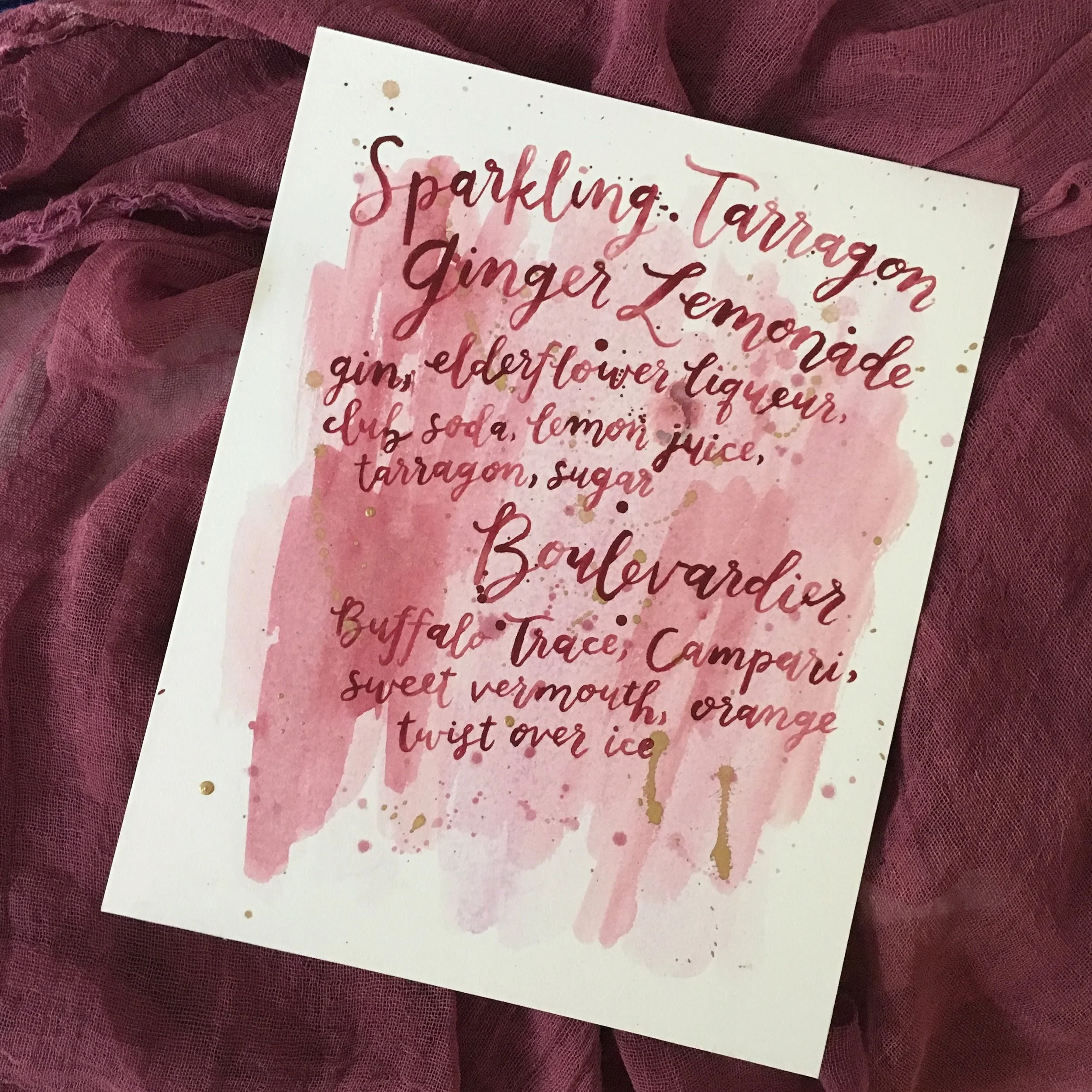 watercolor wash brush calligraphy cocktail menu by hello, bird.