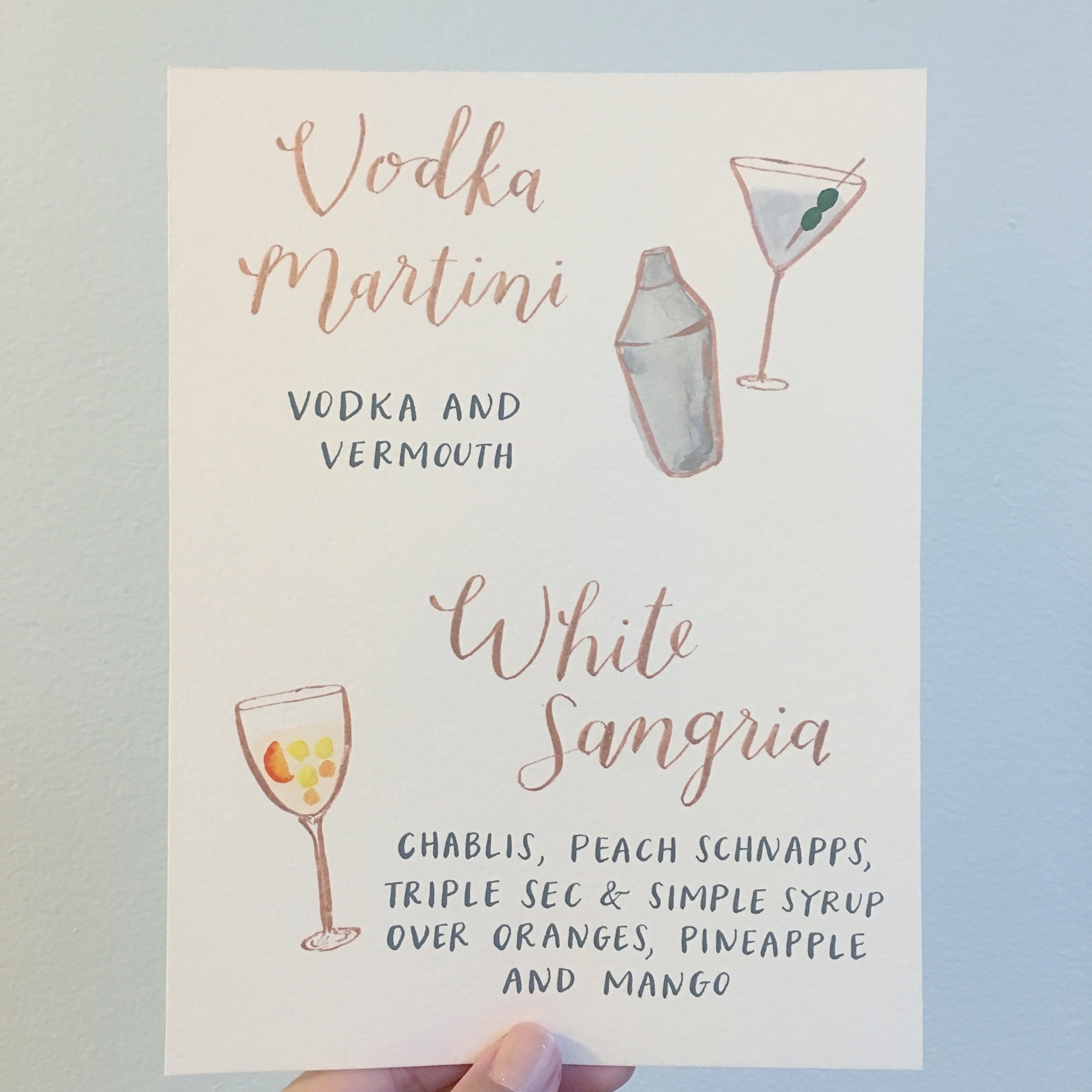 signature cocktail menu by hello, bird. // with colorful illustrations, rose gold and gray ink