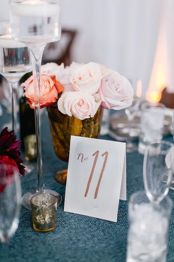 table numbers by hello bird; photo courtesy of emily wren photography; florals from oleander curated