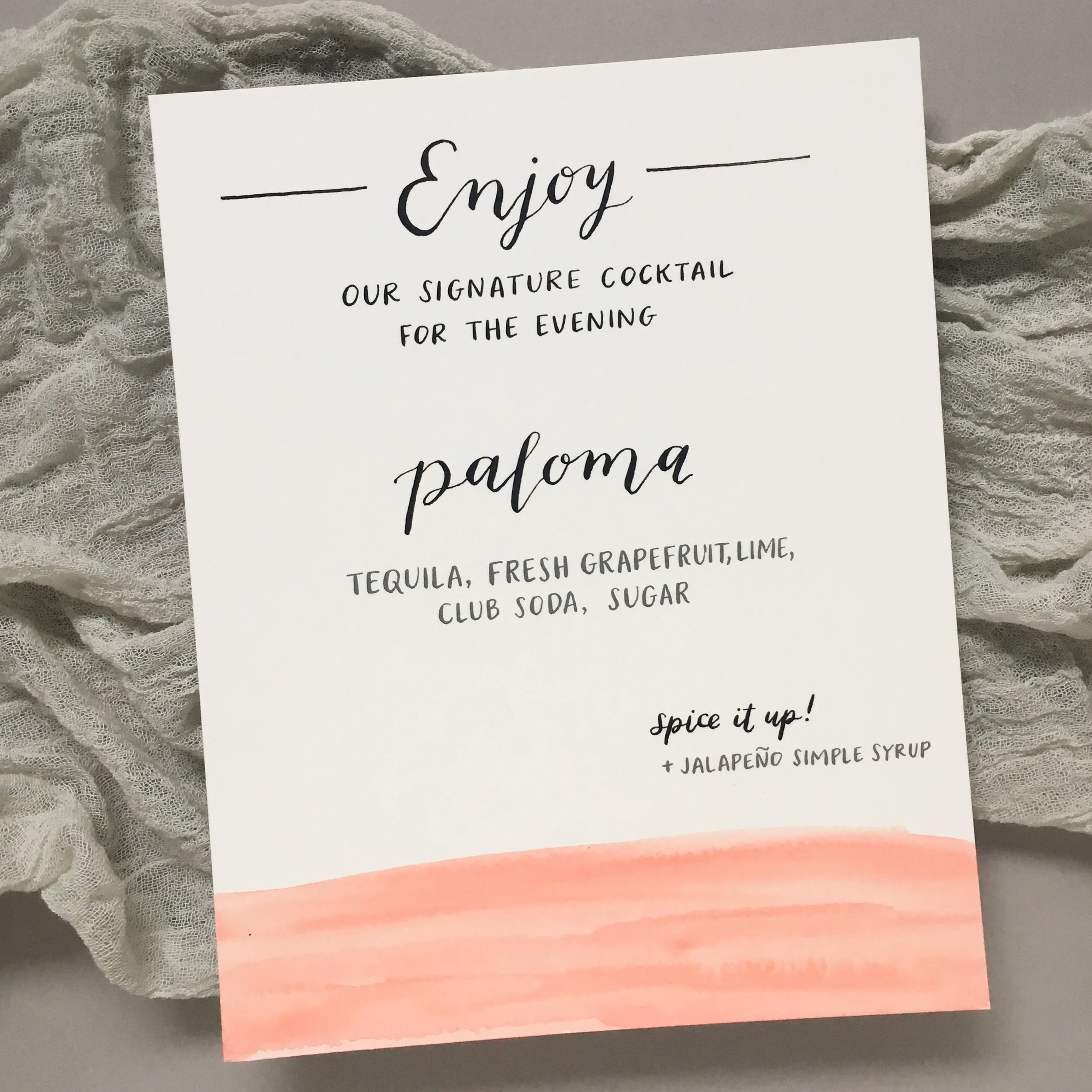  signature cocktail menu by hello, bird. // minimal clean chic modern black and white cocktail menu with watercolor wash 