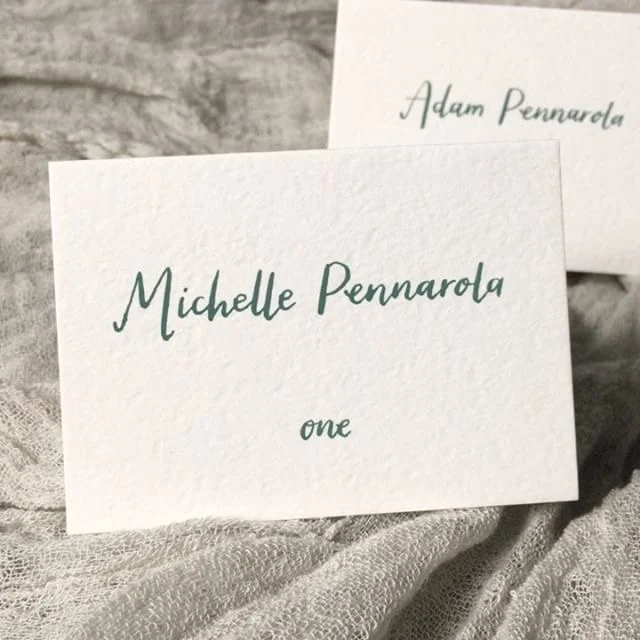  minimal folded free-standing smooth edge escort cards calligraphy by hello, bird. with sage green ink 