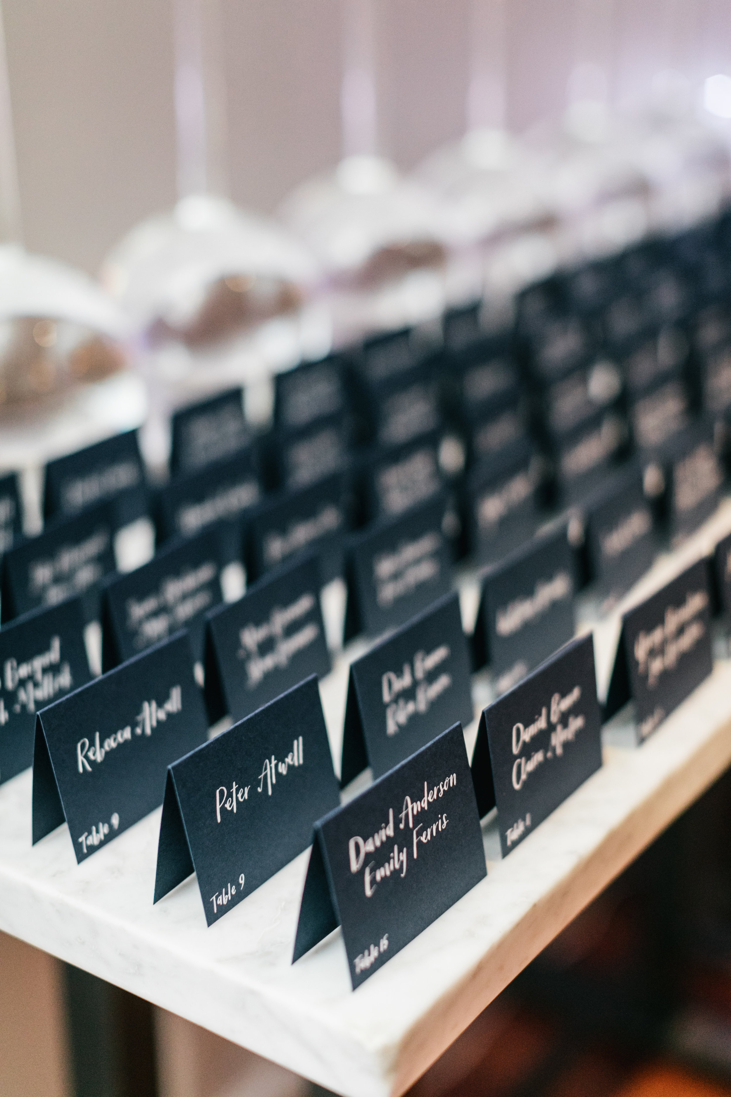  white ink calligraphy on navy seating cards by hello, bird // photo by Emily Wren Photography 