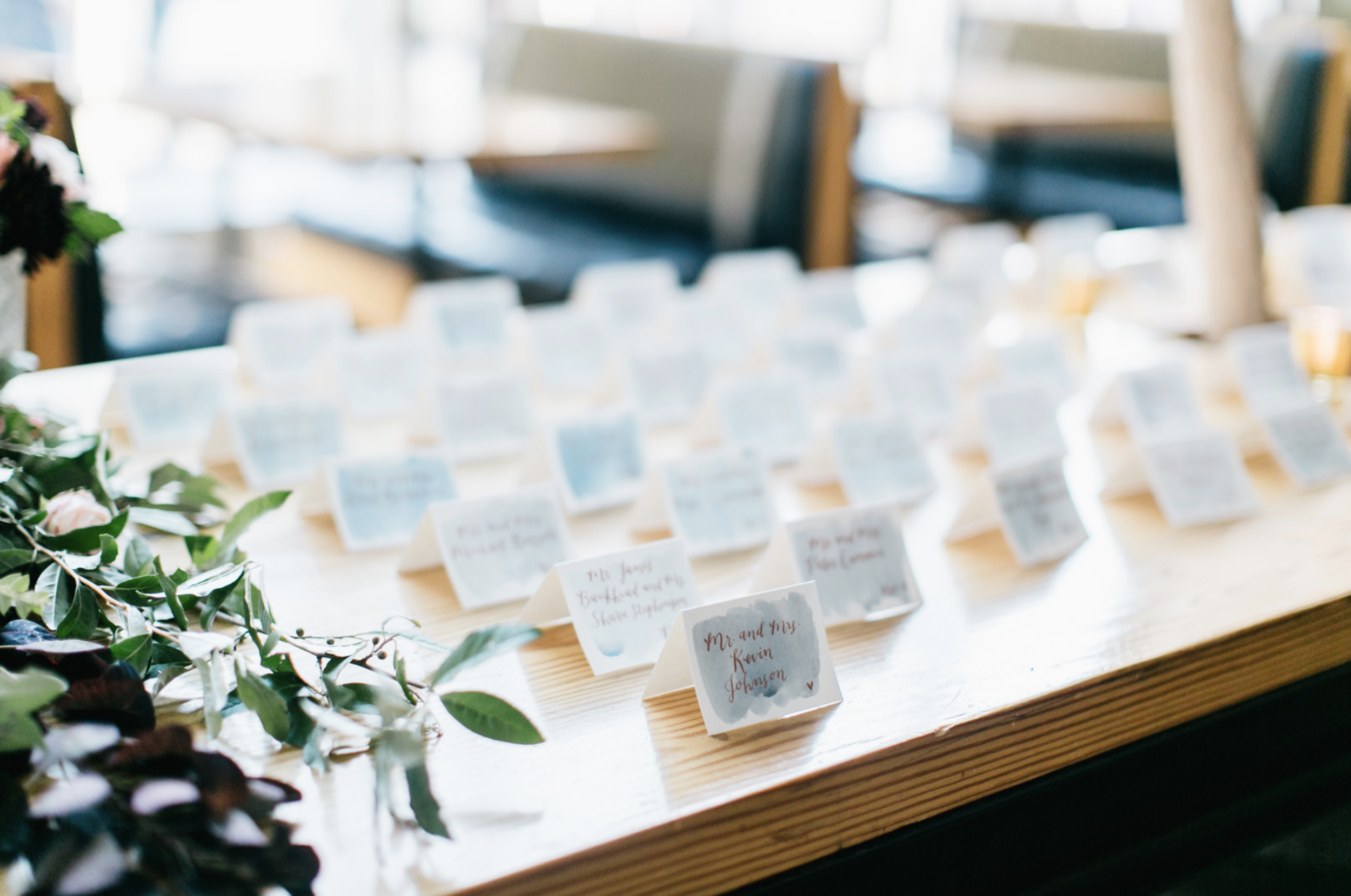 hello, bird. escort cards with watercolor wash // photo courtesy of Emily Wren Photography