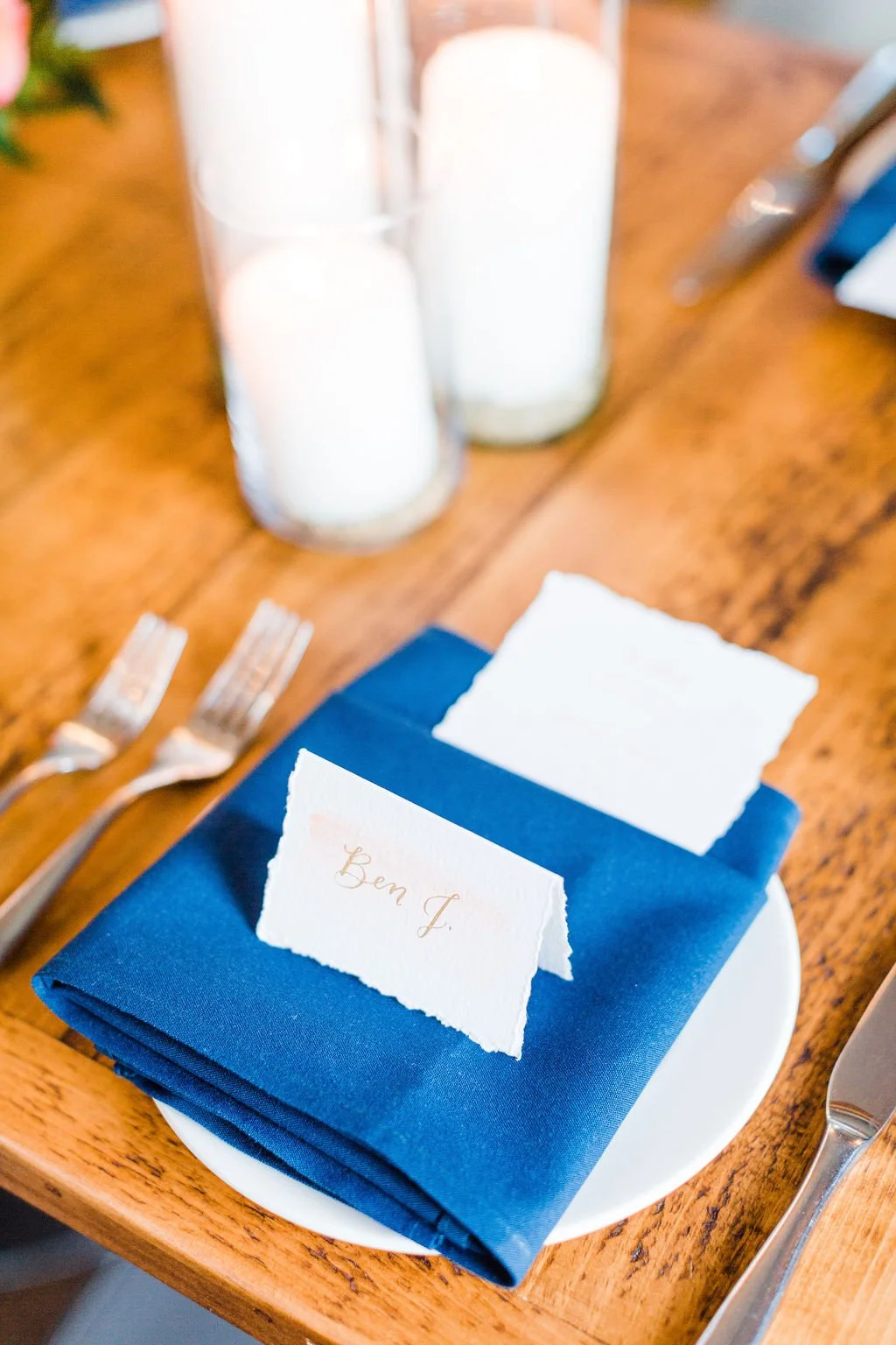  place card with coral watercolor with gold calligraphy by hello, bird | photo by The Libbys 