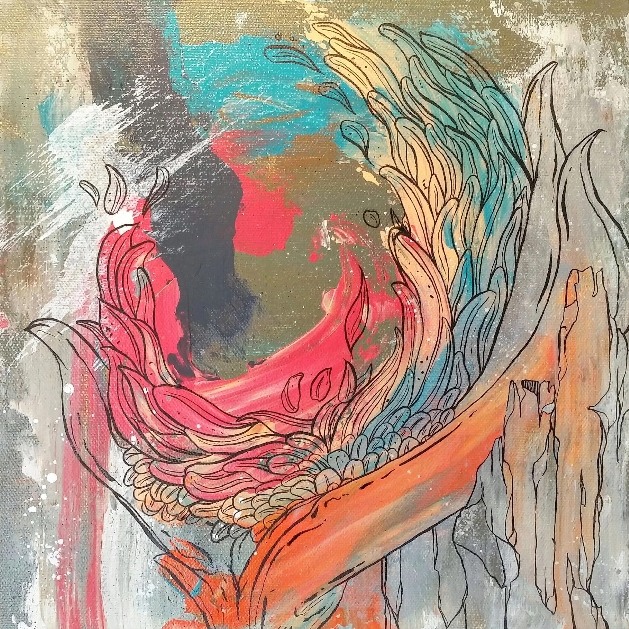 FLORA CRUSH / acrylic + ink / 12" x 12" on canvas