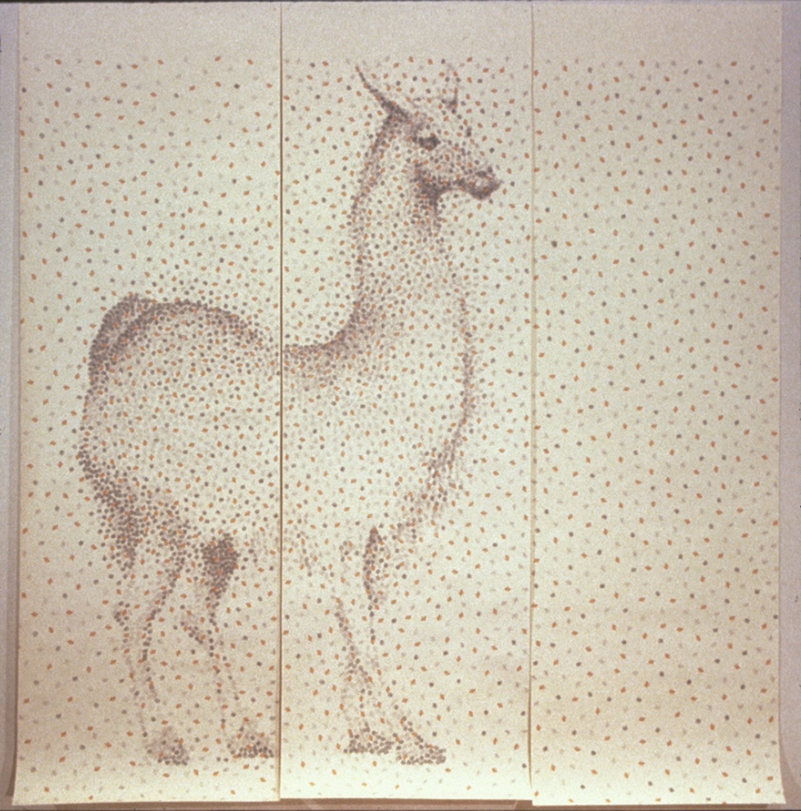 72”x 72” three panel drawing on paper. Mark making with flower stamp only. Each stamp filled in with color or pencil. Original drawing is done in person at Franklin Park zoo.