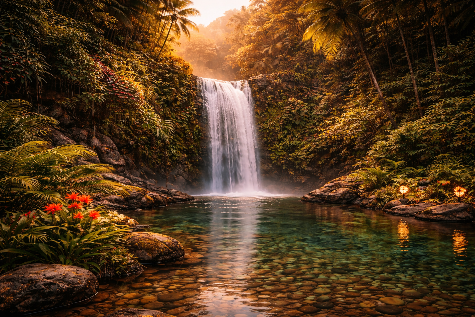 Serene waterfall in tropical jungle.png