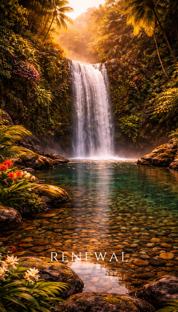 Hawaii inspired waterfall and reflecting pool.