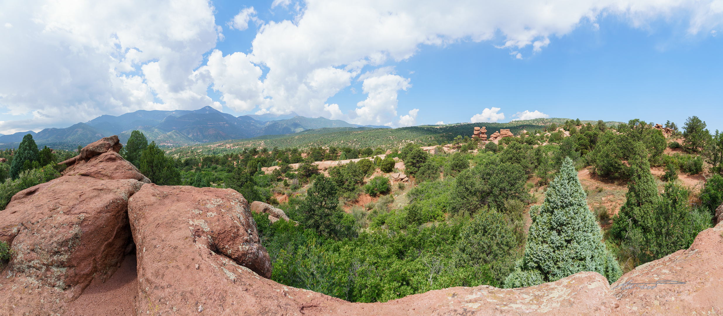 Panorama of the view along the Palmer Trail. The Siamese Twins are visible to right of center.