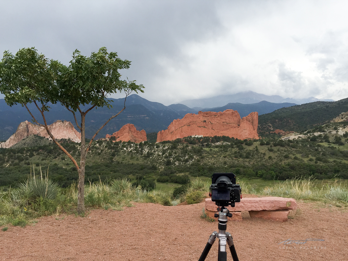 Setting up a time-lapse as a storm comes in over Pike's Peak