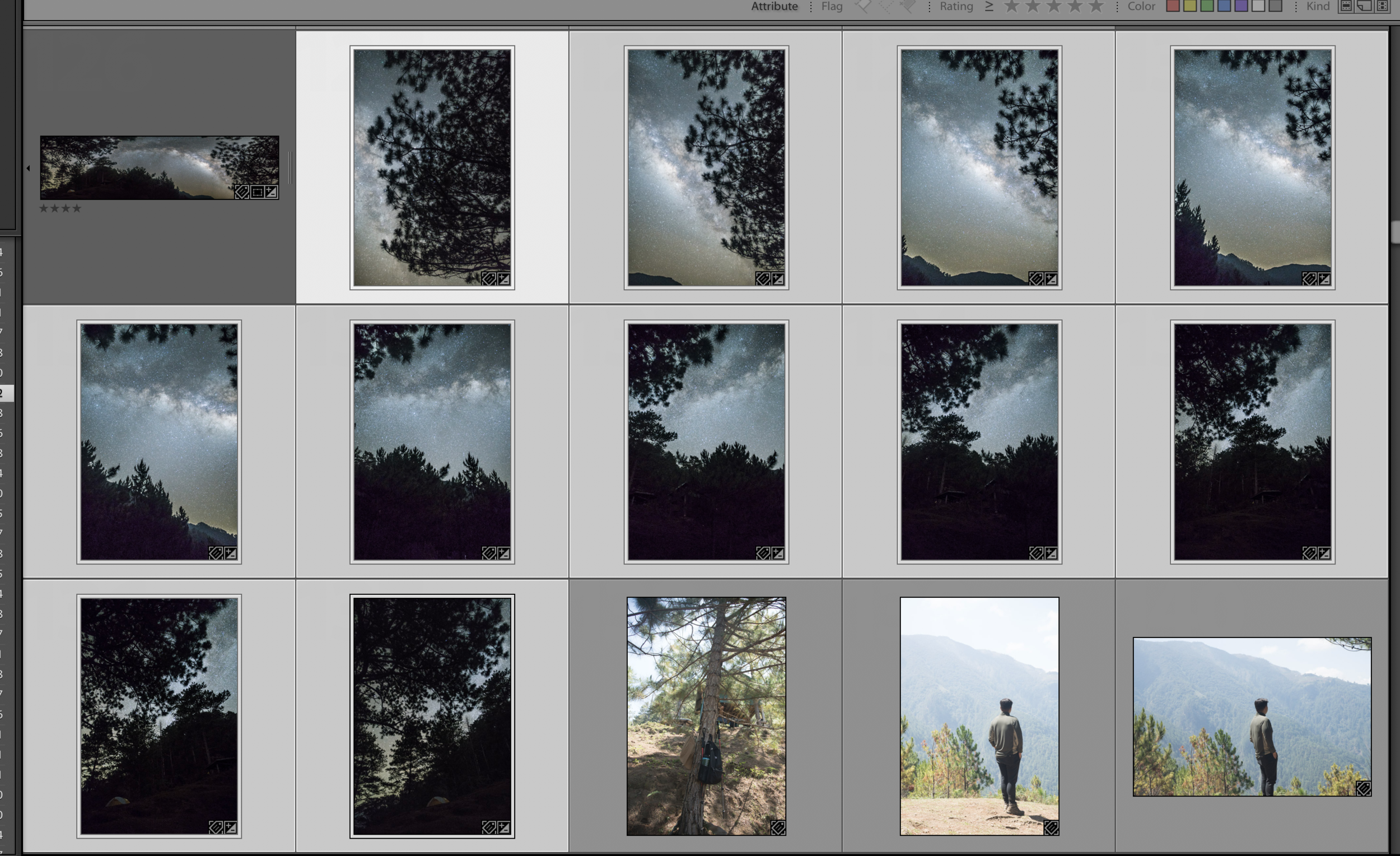 Highlighted: the 11 vertical images that make up the panorama, stitched together in Lightroom