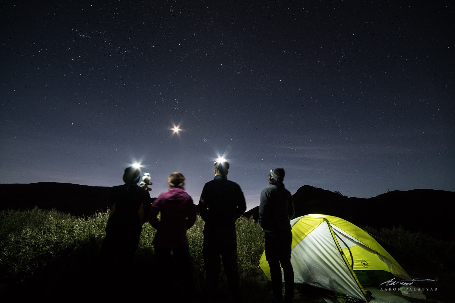 Shining our lights. Sony A7RII + Samyang 14mm, 15s, ISO 3200. Can't remember the f-stop but it was stopped down in order to get the starburst effect on the headlamps and the moon, and also to keep everything in focus from front to back.