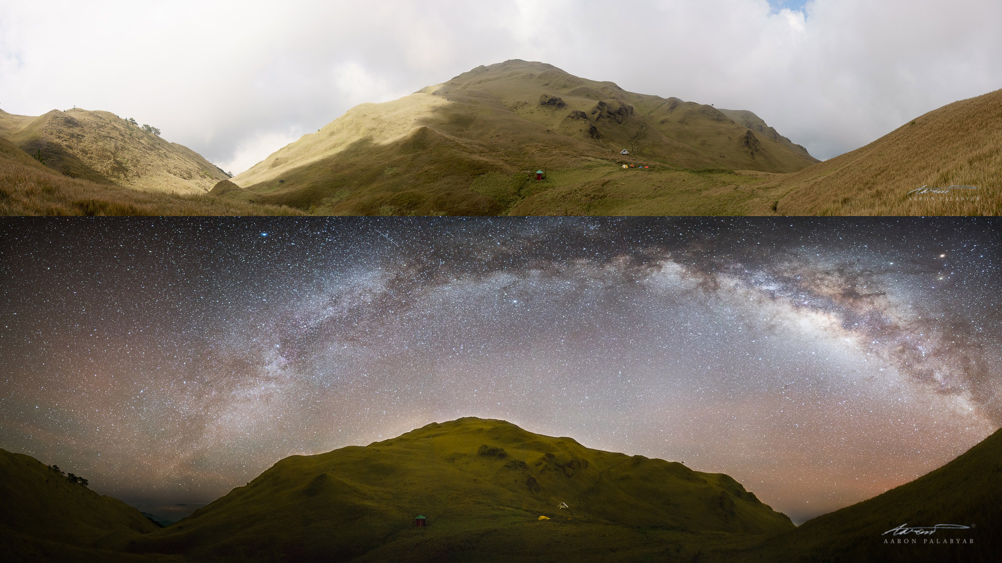 Daytime and nighttime panorama of the summit of Mt. Pulag as soon from the Akiki Trail.