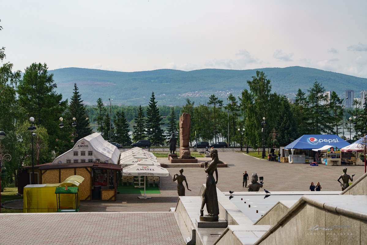 Looking out towards the Yenissei -- and the first mountains we've glimpsed in Russia, more than halfway through the trip.
