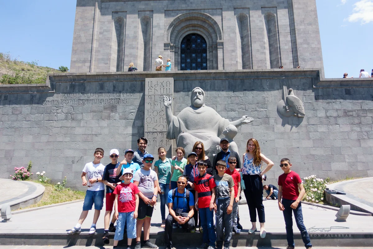 Posing with local kids in front of the Matenadaran, the manuscript museum of Armenia, in the capital Yerevan. The locals were very friendly and curious about us.