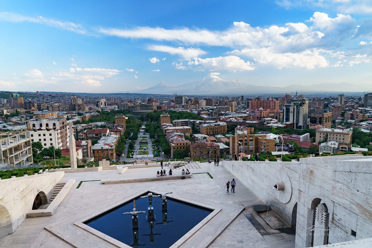 Looking at the great holy mountain of Ararat from the top of Yerevan Cascade