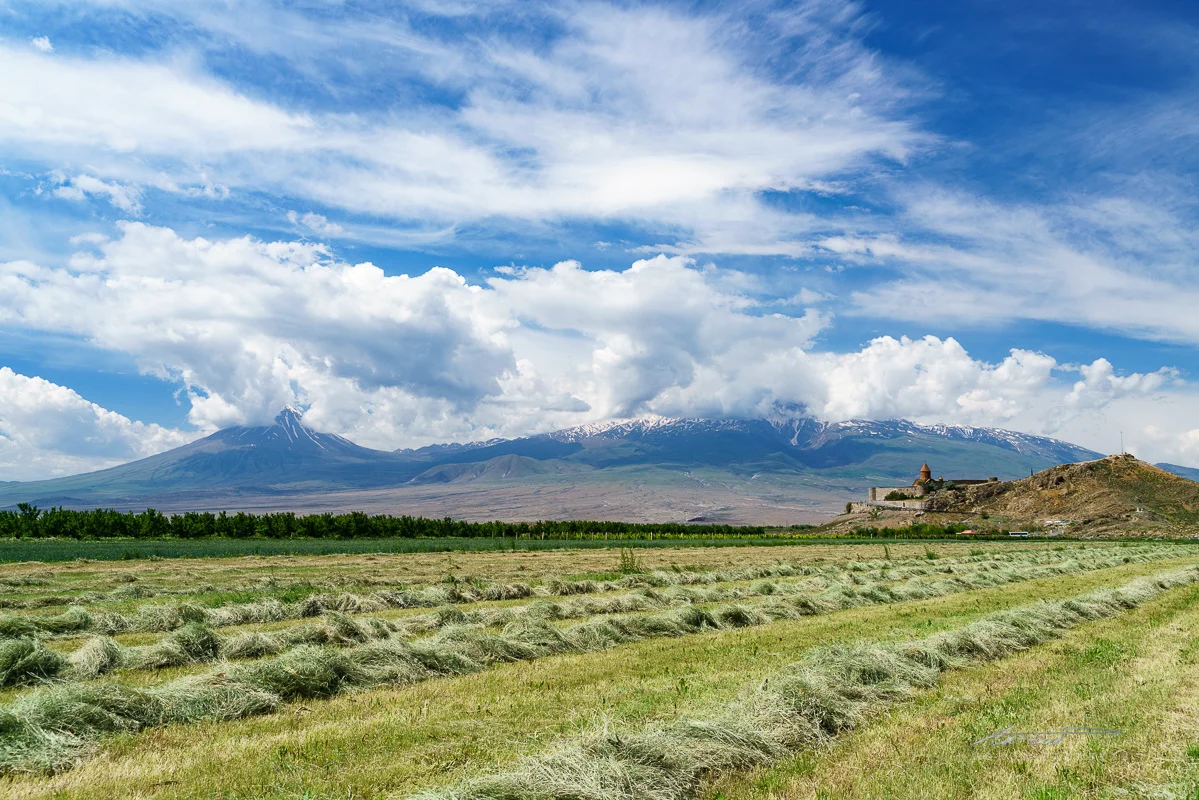 Wider view of Khor Virap with both peaks of Mt. Ararat