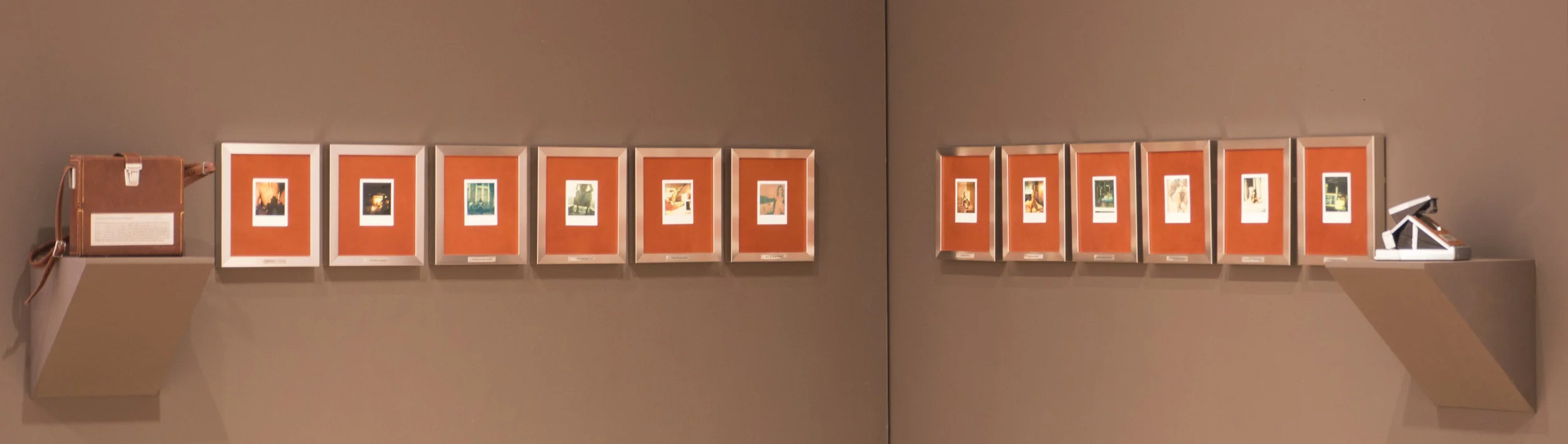 Installation view, Wisconsin Triennial Exhibition, Madison Museum of Contemporary Art, September 2013-January 2014. Installation consists of twelve SX-70 Polaroids, Impossible Project film, embossed vintage chrome and leather SX-70 Polaroid camera body and leather carrying case.