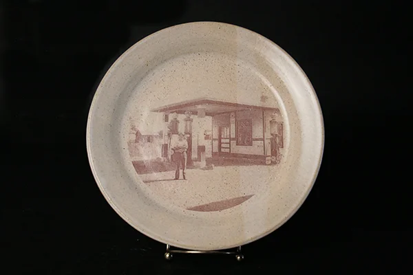 Harold's Filling Station 2014 Ceramic Decal and Glaze on Stoneware 10" diameter