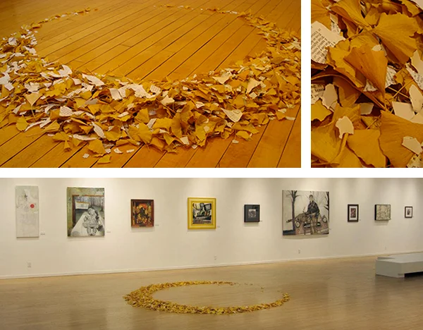 Temporal, Cyclical 2009 - 2012 Torn Paper and Ginkgo Leaves Size Variable 4' - 9' Top Left: Installed in Maybeck Gallery, Principia College 2009 Top Right: Detail Bottom: Installation View, Art Saint Loui, January 2012