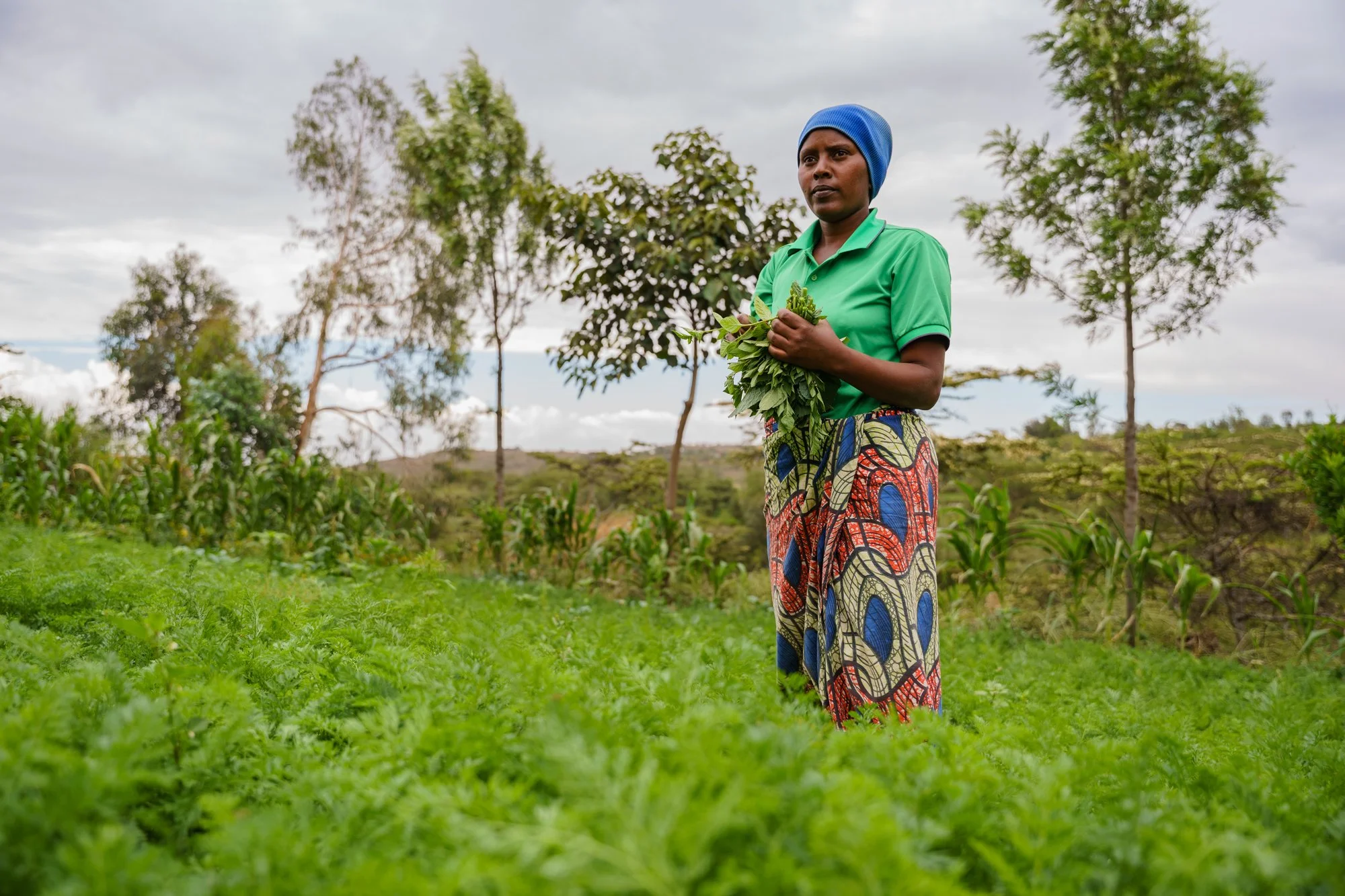Woman wearing a green shirt and patterned skirt stands holding leafy plants in a vegetable garden with trees and a cloudy sky in Arusha, Tanzania.