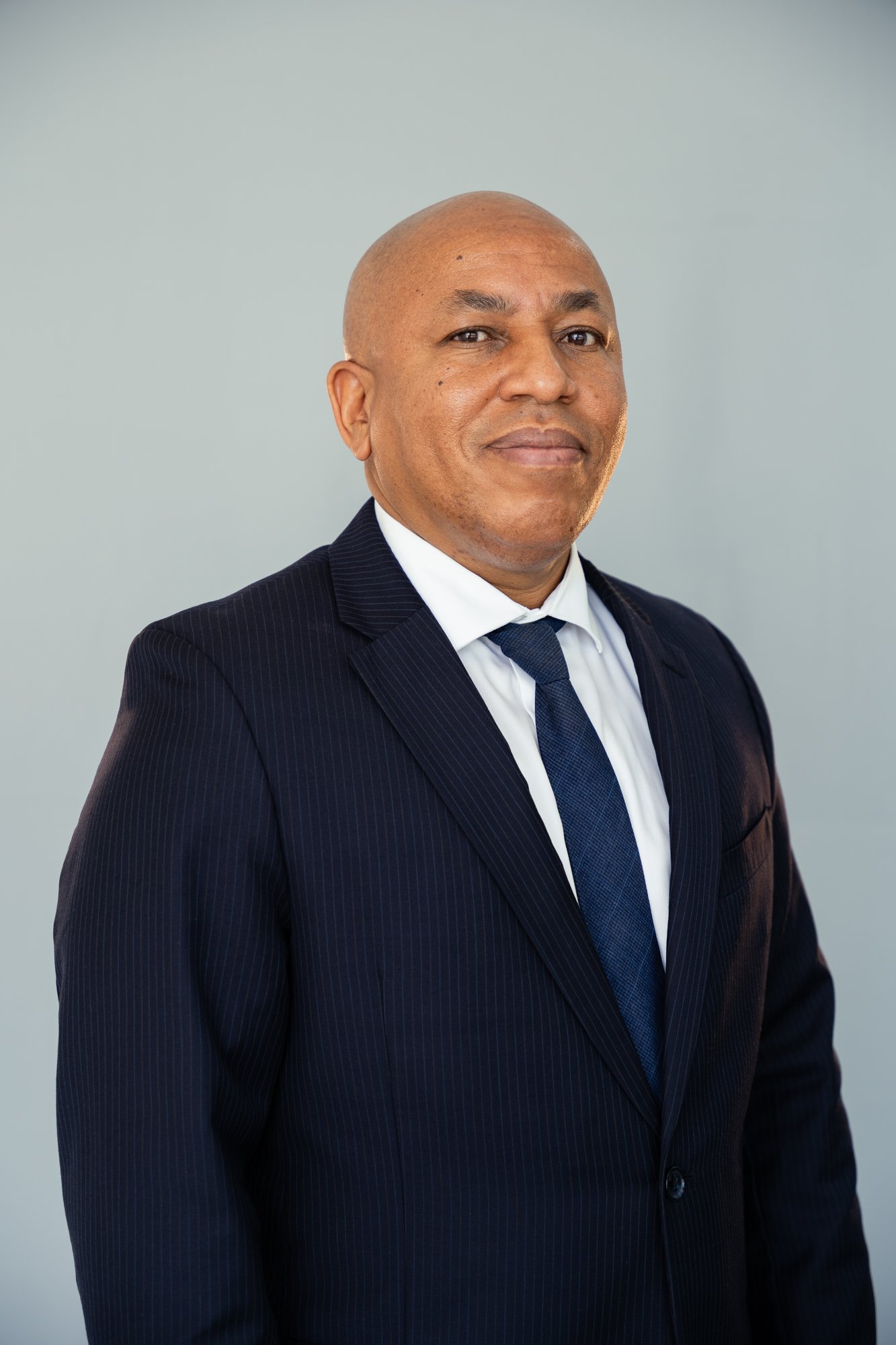 A professional man in a dark pinstripe suit, white shirt, and blue tie, standing against a plain light gray background, smiling slightly at the camera.