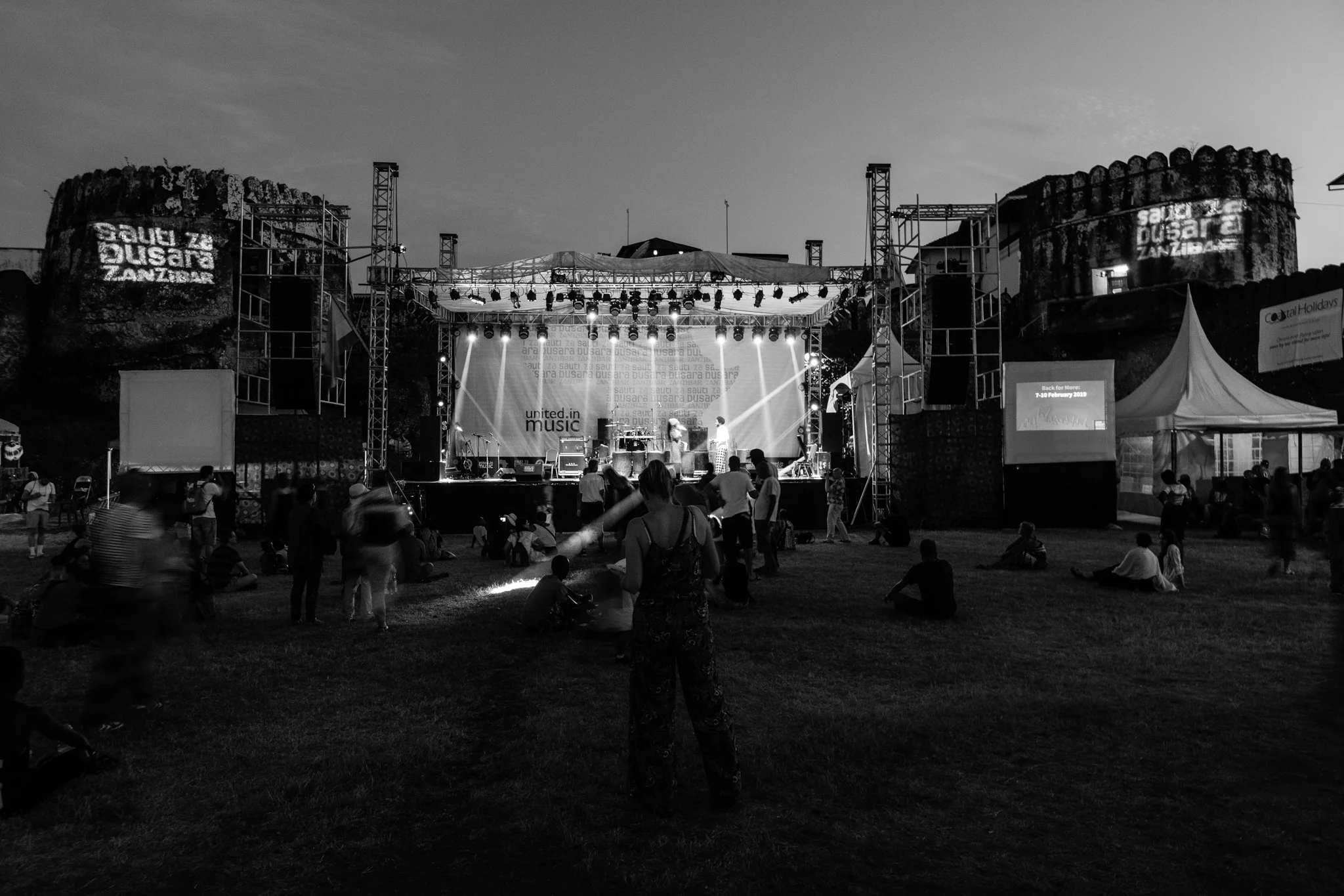 A sound check on the concert stage at the Sauti za Busara Music Festival 2018 as people start gathering in Zanzibar, Tanzania.