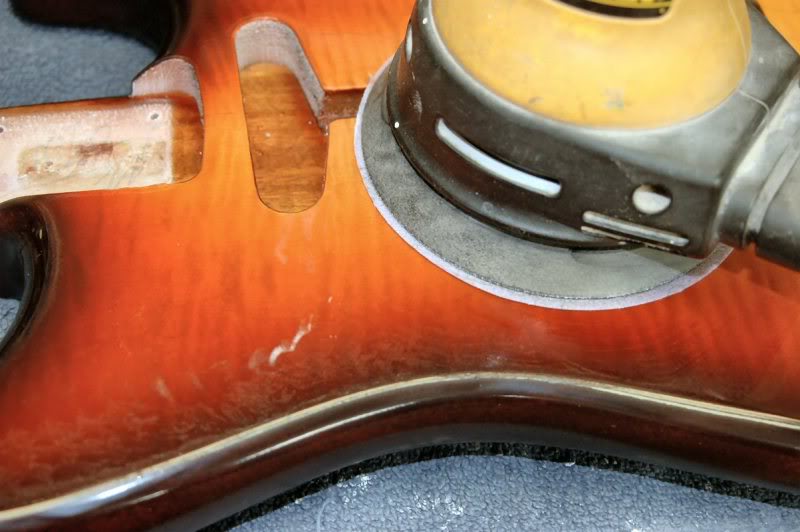 The BODY!! Oh yeah! That babe should be about ready…..let’s rock. This time, I’m using a power sander on a variable speed control to do the initial “break glaze” its 500 grit being used wet with water. This tales literally about 1 minute to do both sides. I only do this to break the glaze and allow the hand sanding to gain “purchase” much quicker.