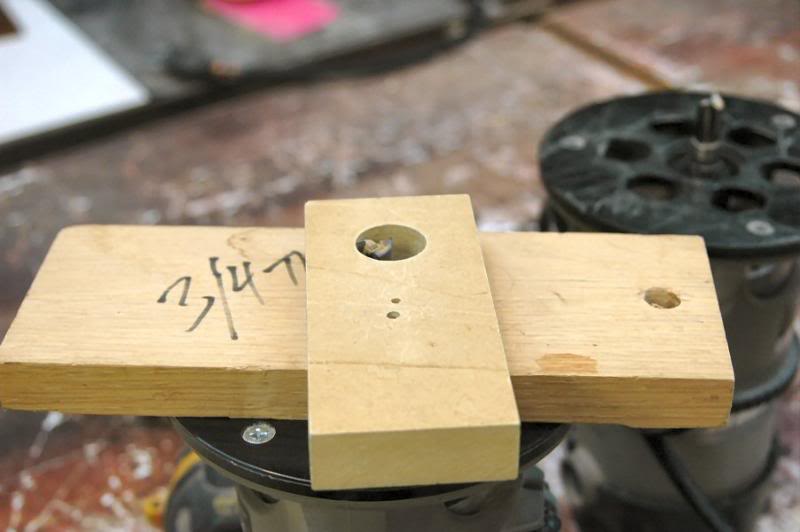  I now set the router depth using a second ¾ inch thick block, this will cut the tremolo cutout to the finish depth of ¾.. This is not critical, and for those detail oriented builders,&nbsp;here’s a tip how to achieve a true vintage appearance, make 