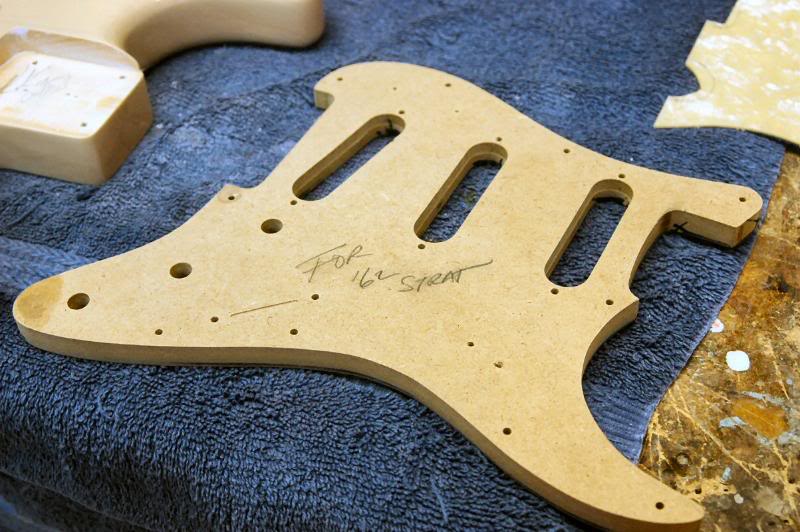  I make my own pickguards, mainly because there is so much variation from one batch to the next from the different suppliers. Also, wood will move on ya. This way, if a body shrinks a little, I can adjust the pick guard to accommodate it. Here’s the 
