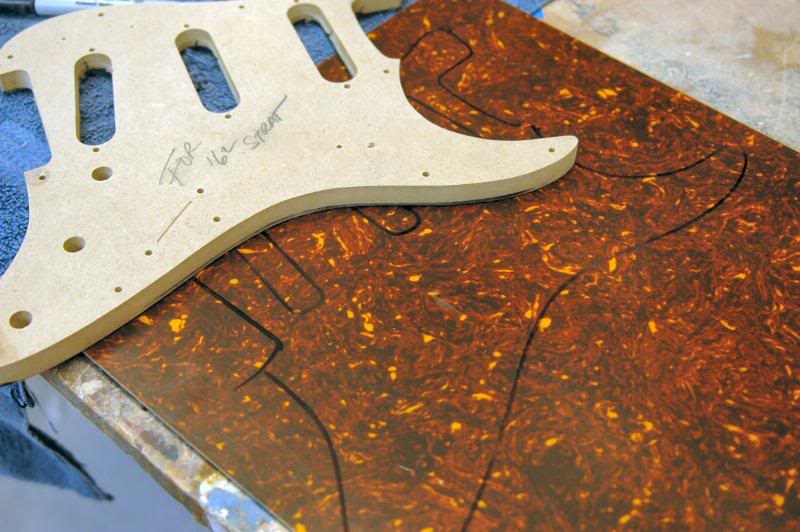  This template has been made specifically for the ’62 S. The body is only a few degrees separated from a genuine 1962 S. Today’s pickguards differ slightly from those found on the ’62.. so I corrected that. Now we determine what shade Tortoise Shell 