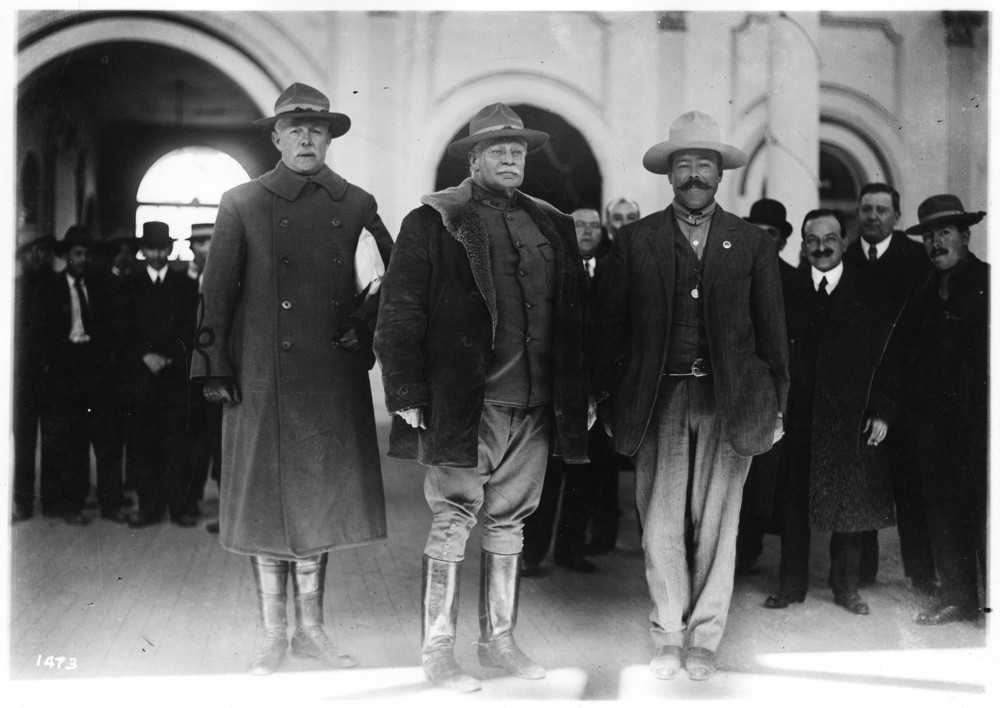 From left Lieutenant Colonel Robert E. Lee Mitchie, General Hugh Lenox Scott, General Francisco “Pancho” Villa. Second from right in the back row is Felix A. Sommerfeld