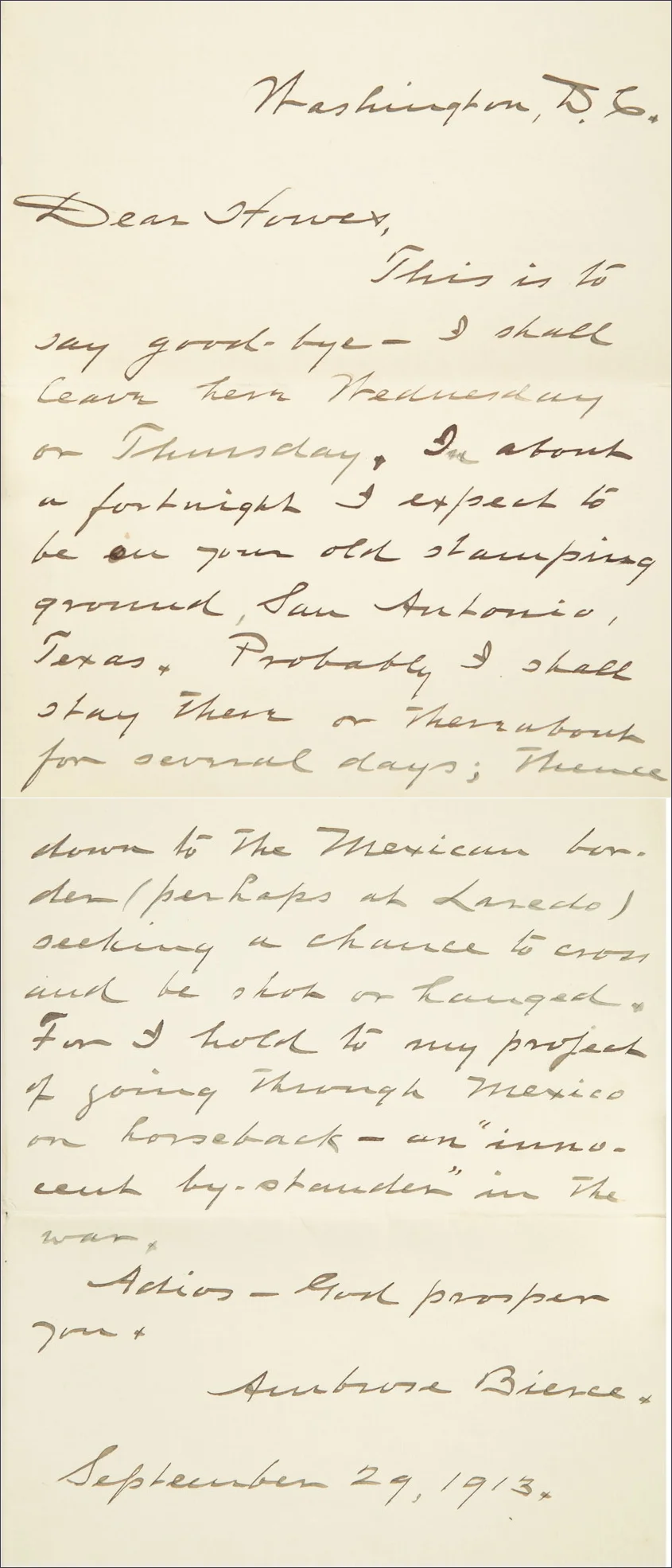 Bierce's letter to a friend saying "Good Bye"
