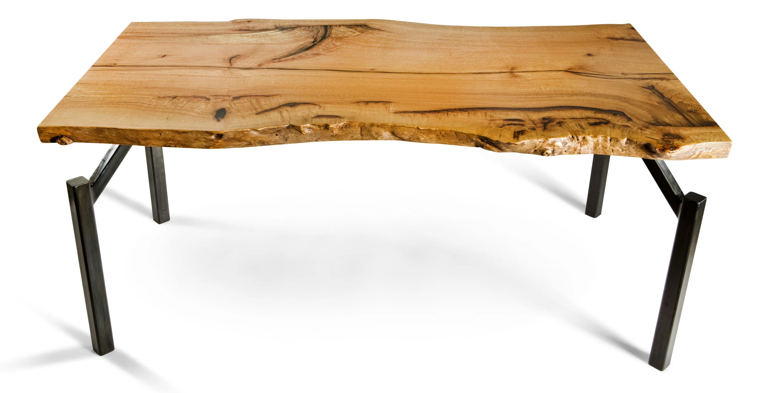 Pin Oak Table with Blued Steel Walking Legs