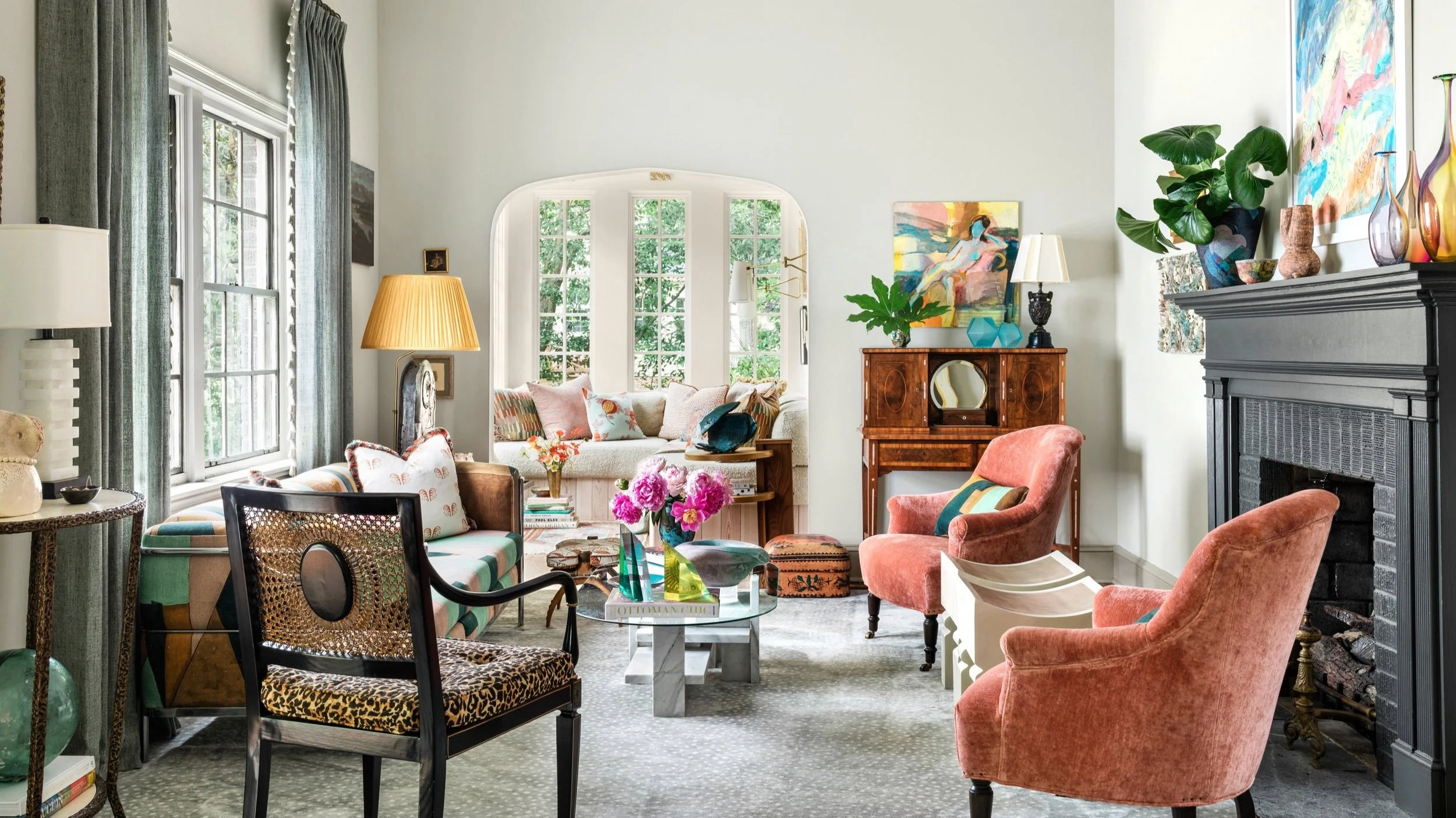 Picture of a living room designed by CLOTH & KIND in Athens, GA. Text on the image reads "Radiant Oakland Way".