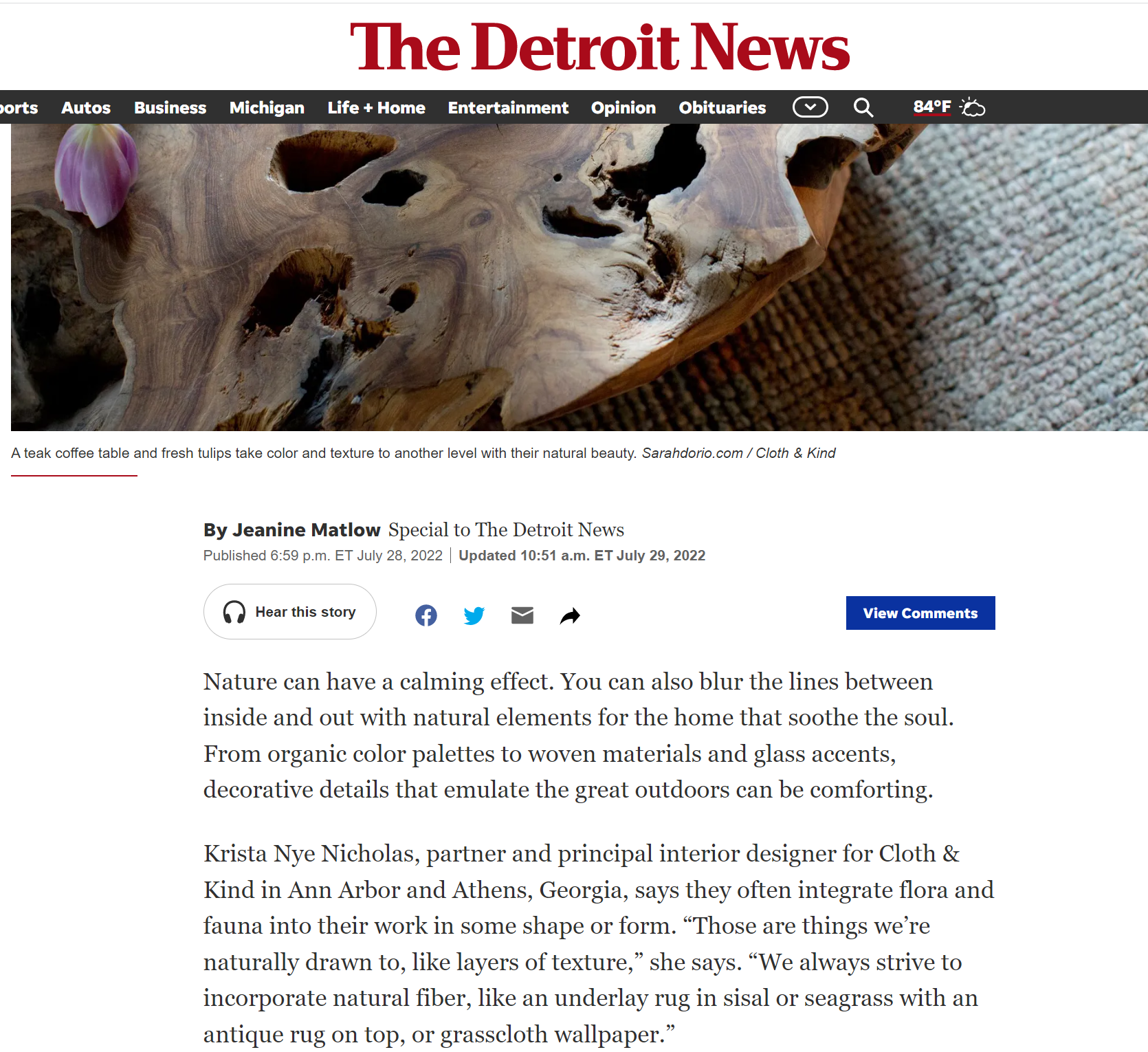 CLOTH & KIND // The Detroit News // Natural Elements Bring Comfort to Your Design