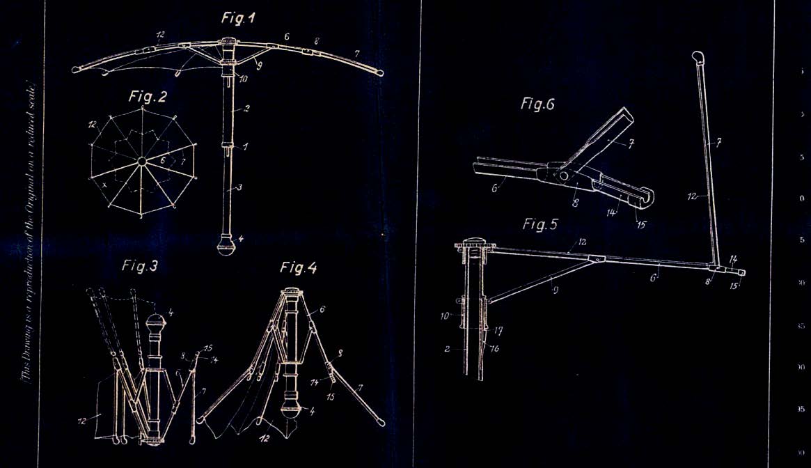 Slawa Horowitz, Patent Specification 318, 577, Sep 19, 1929, (‘Improvements in or relating to Foldable Umbrellas and the like’), (detail) © 2014 The Duldig Gallery