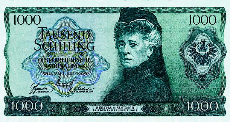 Between 1966 and 1985, Bertha von Suttner was pictured on the obverse side of the Austrian 1000 Schilling bank note