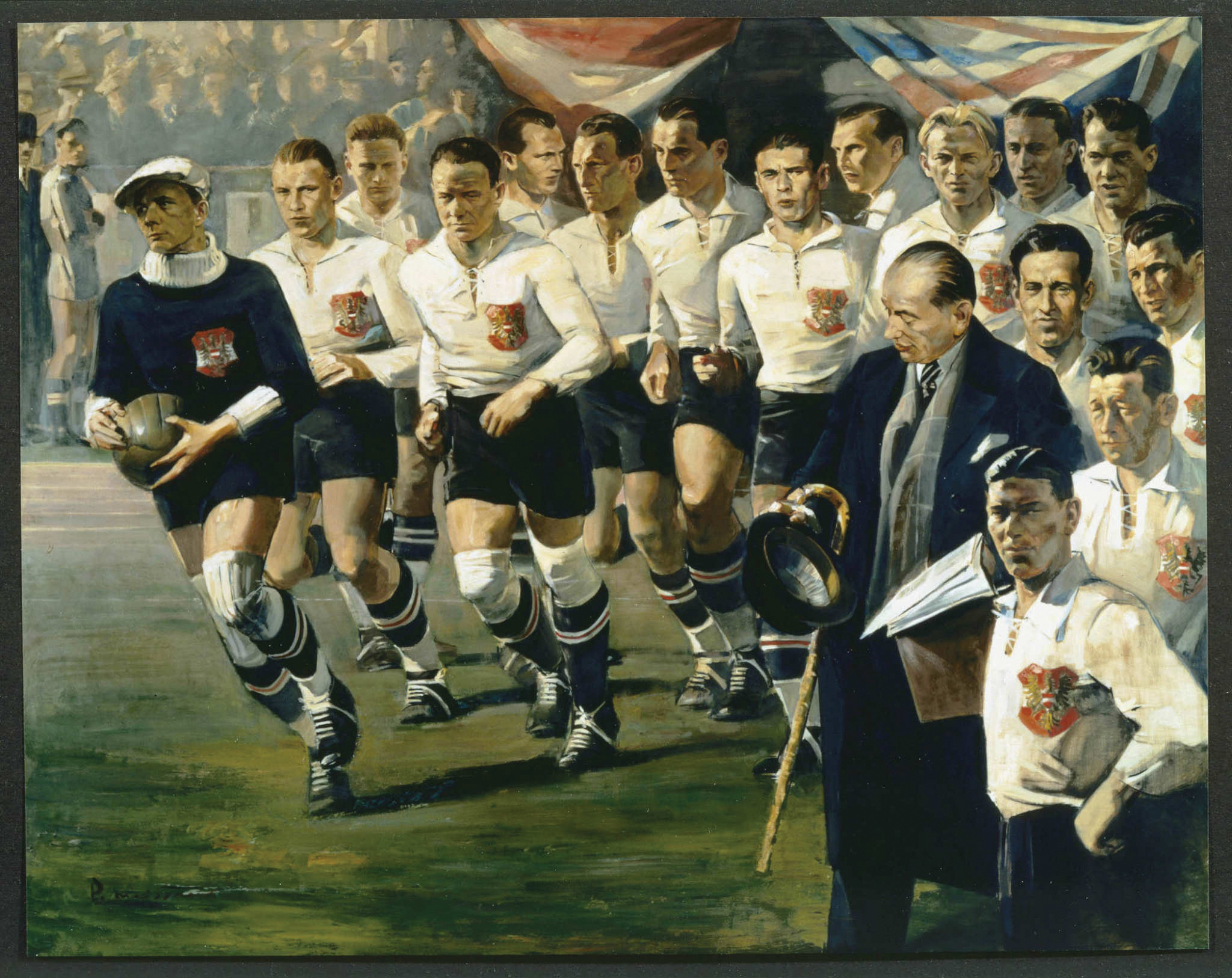  The Austrian Wunderteam, Painting from 1948 (left to right) Rudolf Hiden, Roman Schramseis, Leopold Hofmann, Josef Blum, Hans Mock, Josef Smistik, Georg Braun, Karl Gall, Karl Zischek, Matthias Sindelar, Adolf Vogl, Friedrich Gschweidl; (middle row) Coach Hugo Meisl, Karl Rainer, Anton Schall; (front) Karl Sesta, Captain Walter Nausch Photo: Wien.gv.at