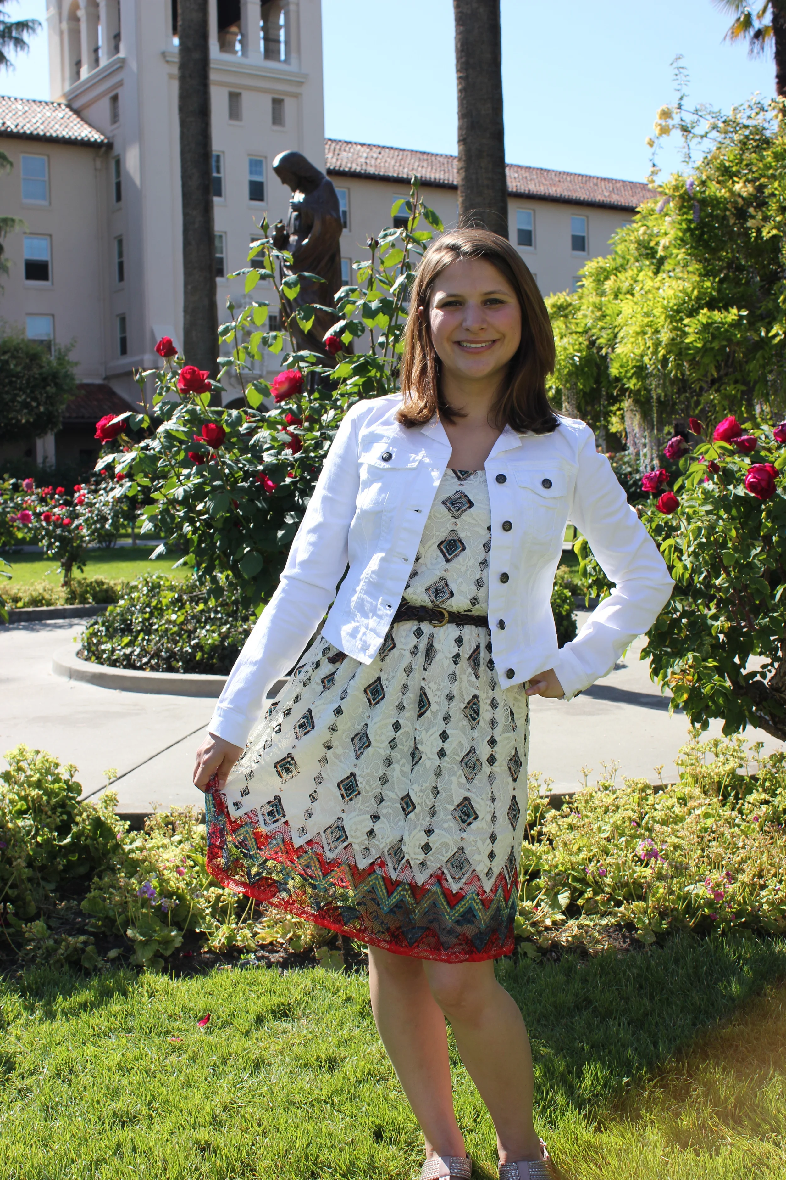Maria | Santa Clara University White Denim jacket by Jessica Simpson for Macy's Aztec Dress by American Rag for Macy's