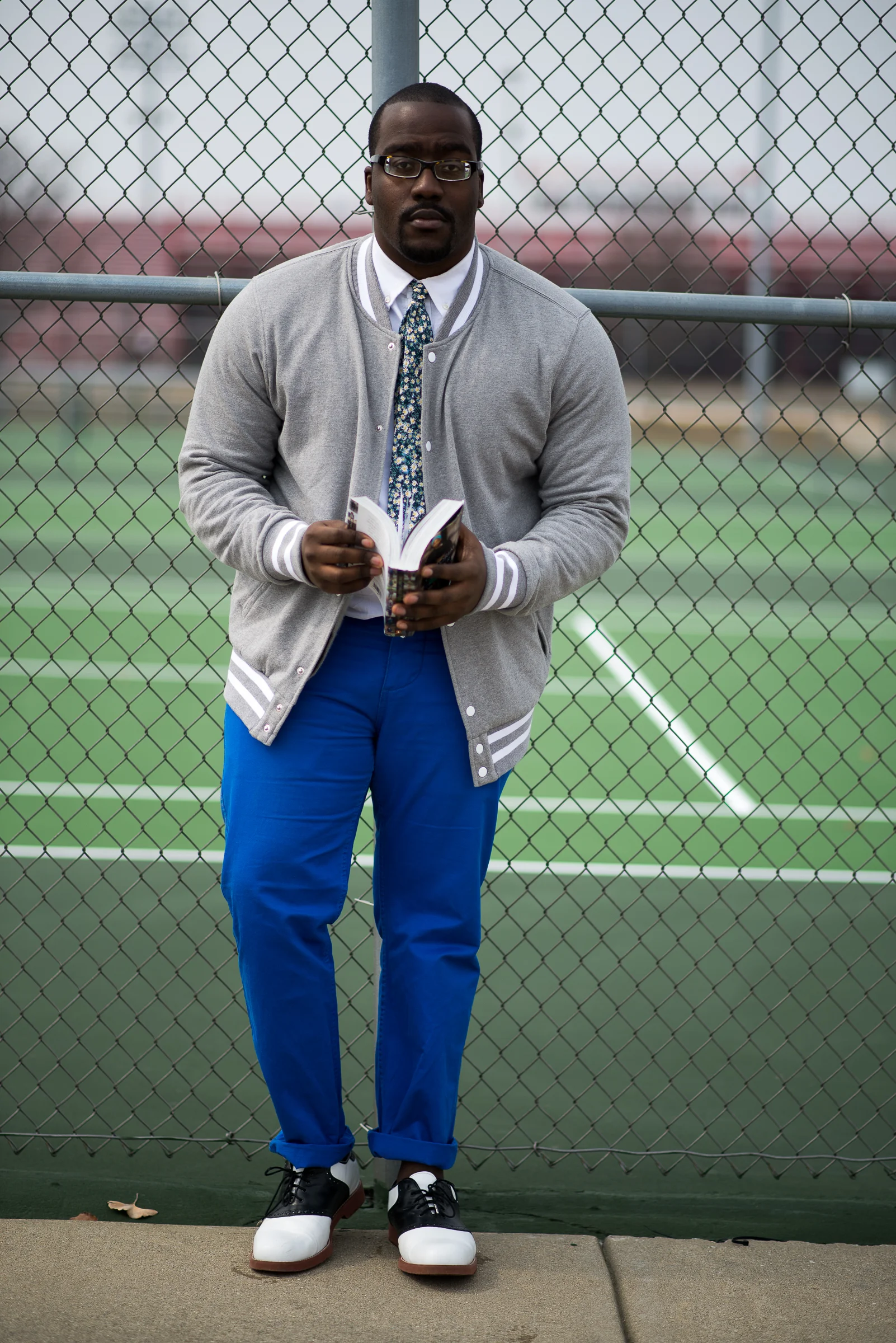 Isaiah Johnson | IUPUI Baseball Jacket by American Rag for Macy's Floral Tie - Thrifted Electric Blue Chinos Black and White contrast Saddle Shoes