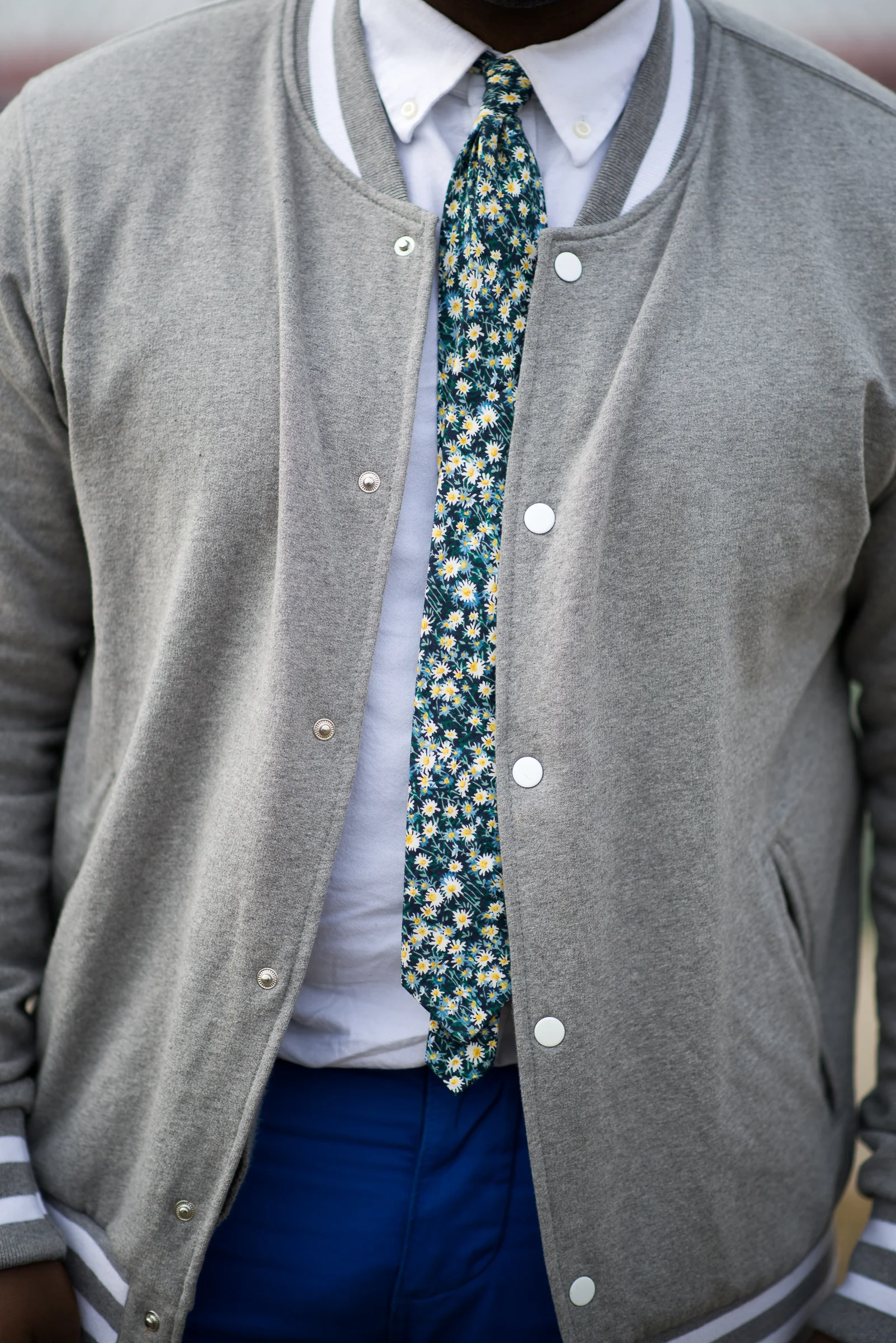 Isaiah Johnson | IUPUI Baseball Jacket by American Rag for Macy's Floral Tie - Thrifted Electric Blue Chinos