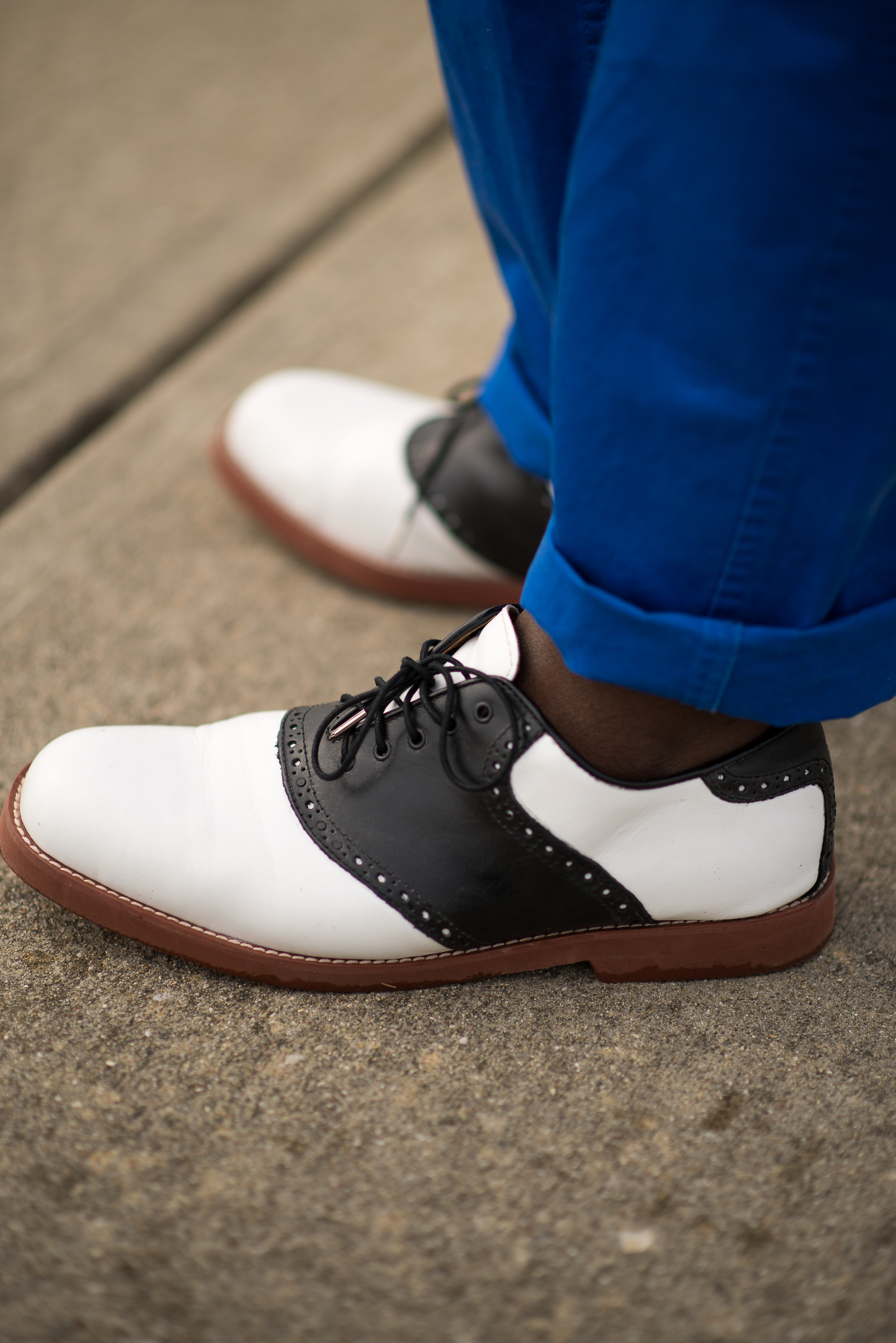 Isaiah Johnson | IUPUI Electric Blue Chinos Black and White contrast Saddle Shoes