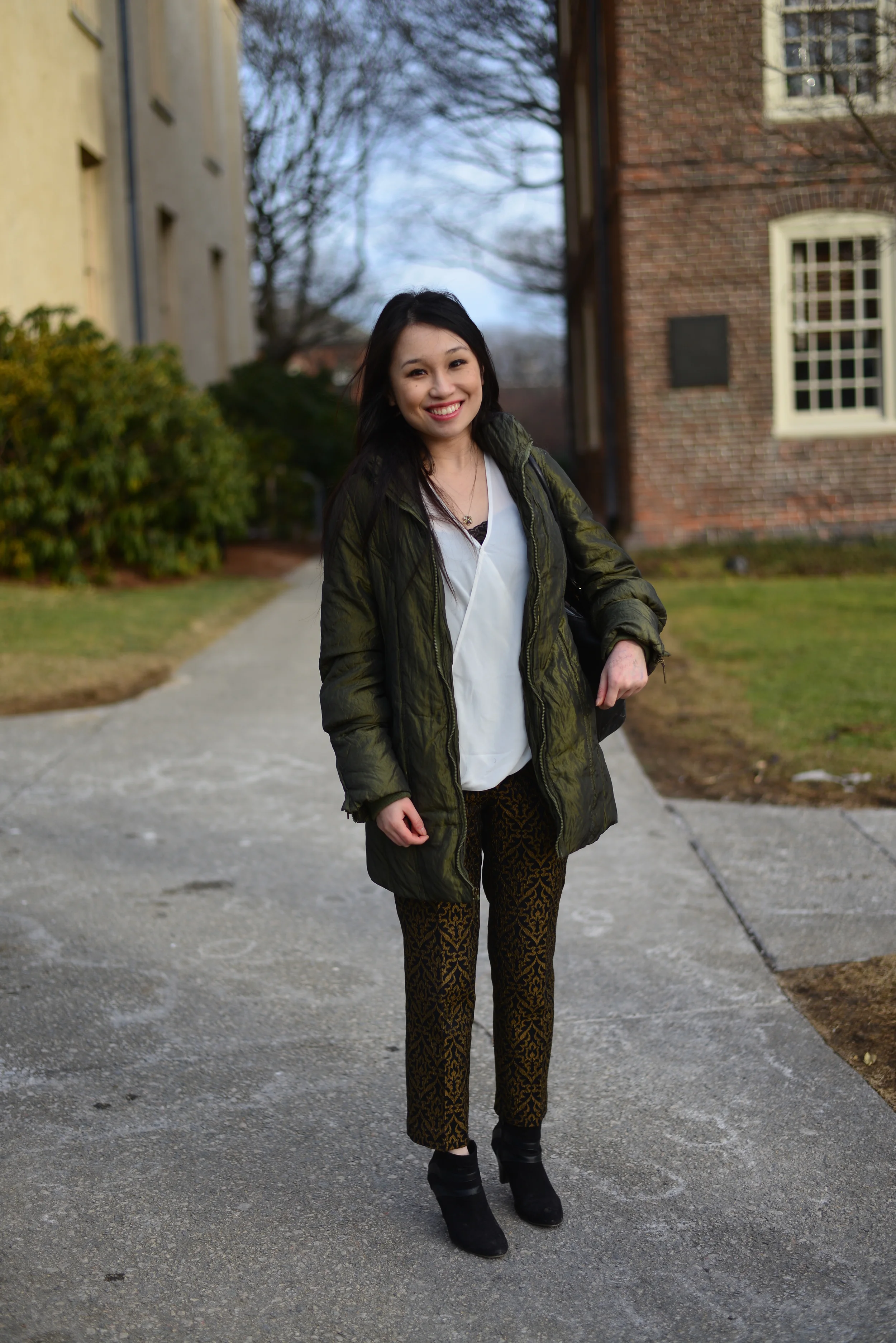 Tina | Brown University Olive Jacket Olive Batik Pattern Trouser Black Suede Booties