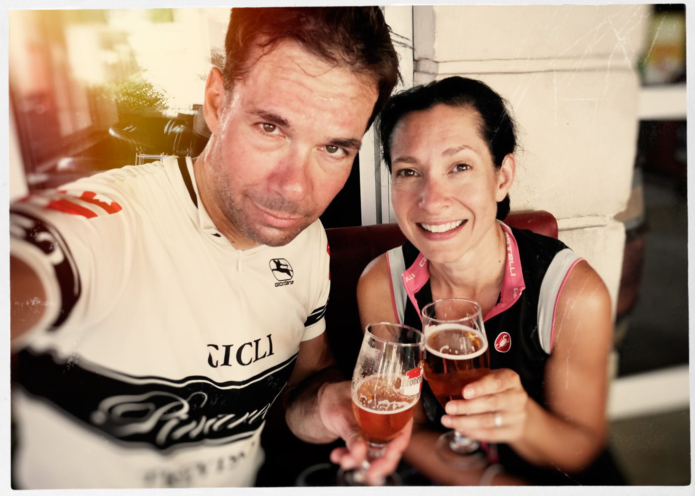 Having a beer with Jay, post ride, at our local little bar in Vacqueyras.