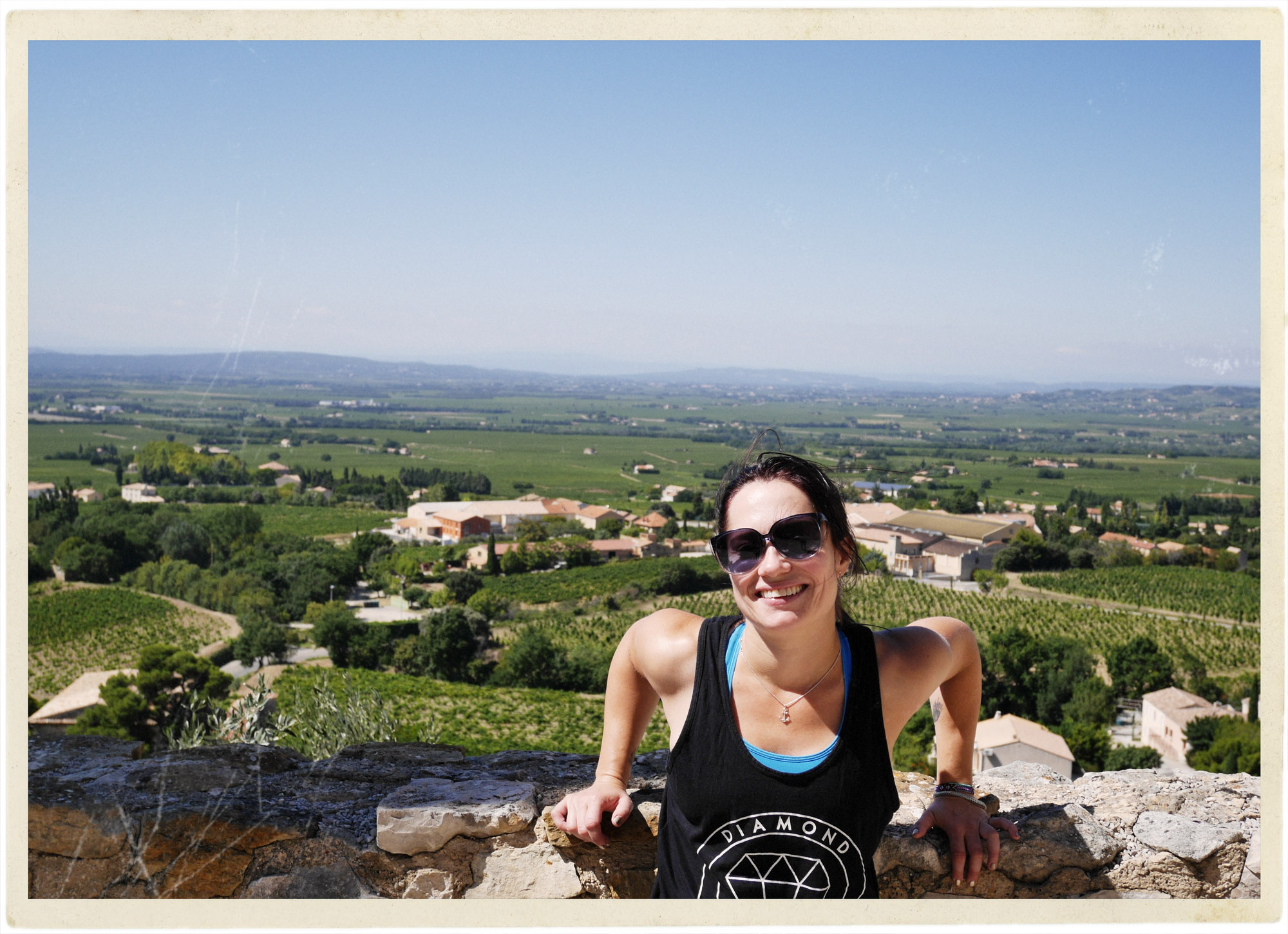 Natalie in Gigondas with that perfect blue Provence sky...