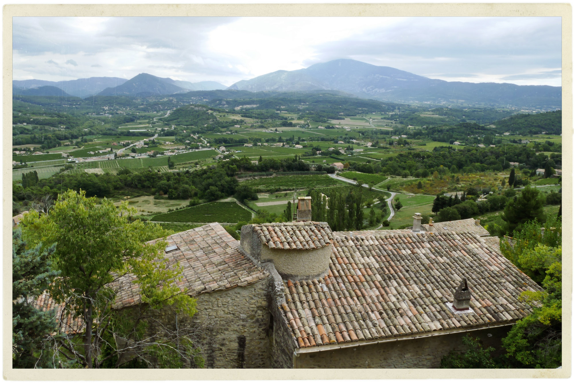 The stunning view toward the Ventoux from the perched medieval town of Crestet.