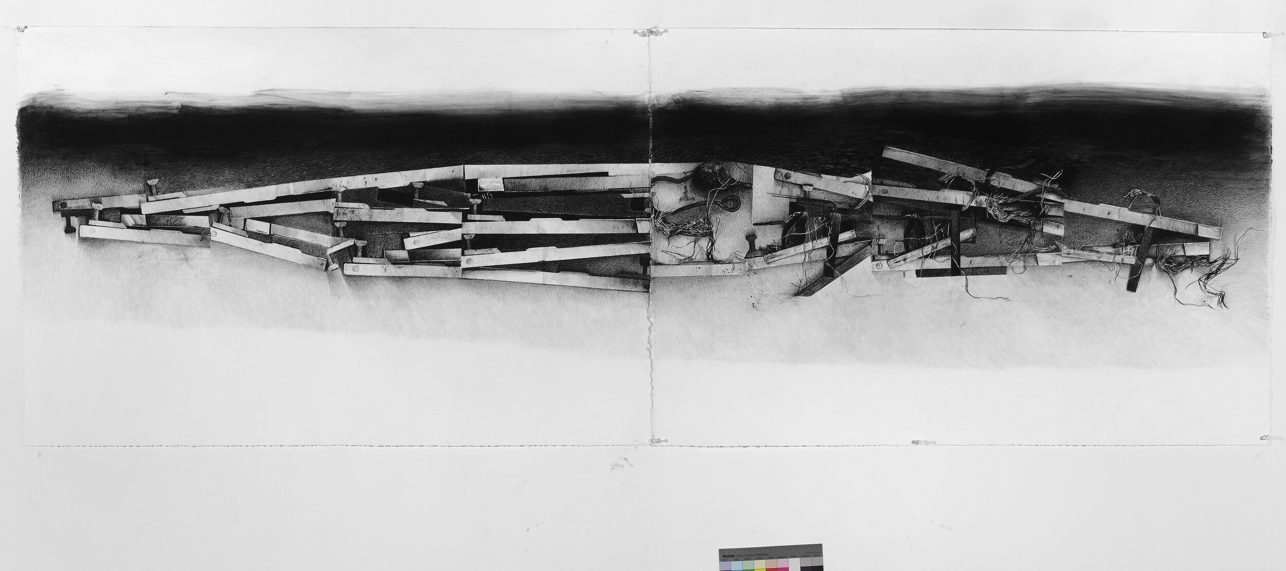 'One hundred objects of navigation' Charcoal drawing on Velin Arches, 80 x 244cm (diptych)