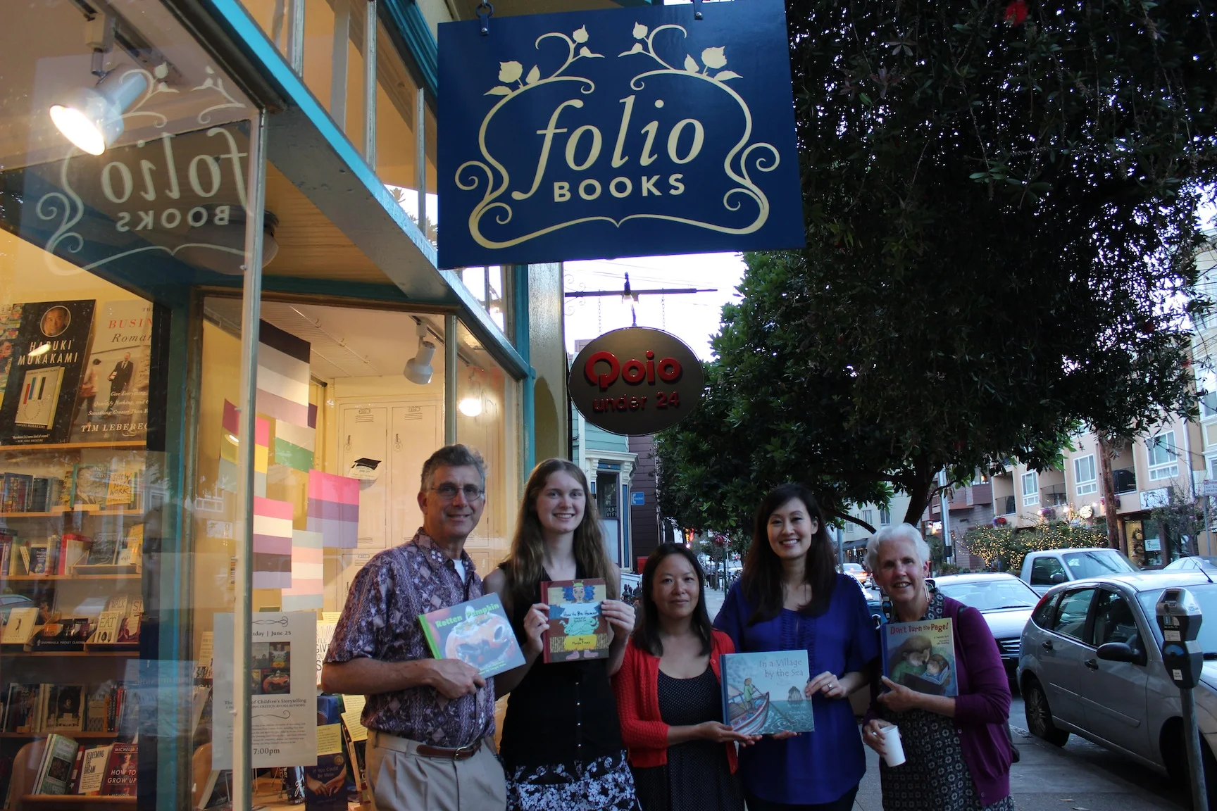 David Schwartz, Georgia Lyon, Muon Van, me and Julie Downing holding copies of our books in front of Folio Books after our Artistry of Children's Storytelling Panel.